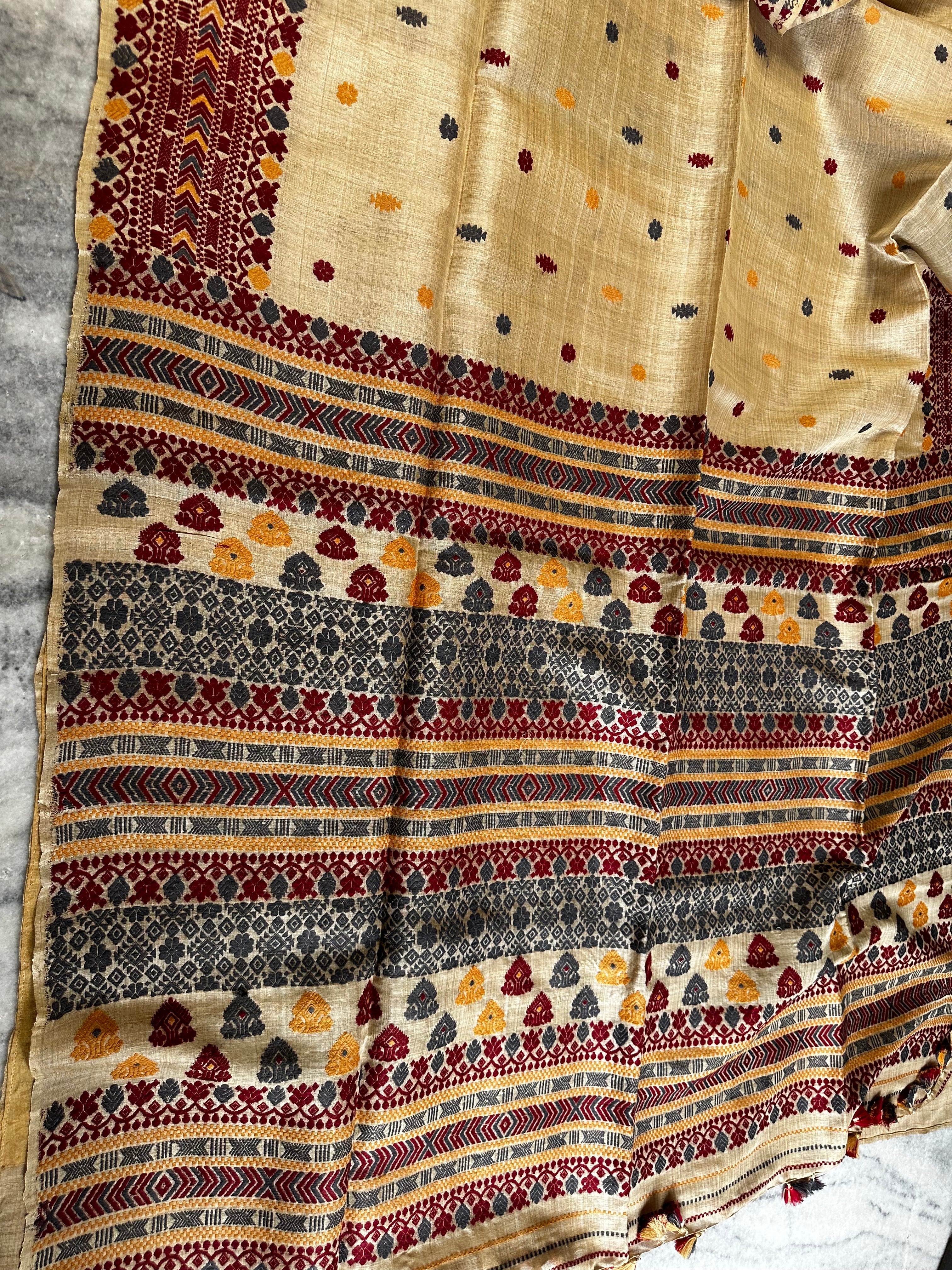 Heirloom Pure Assam Muga Saree with Natural Dyed Eri Extra Weft