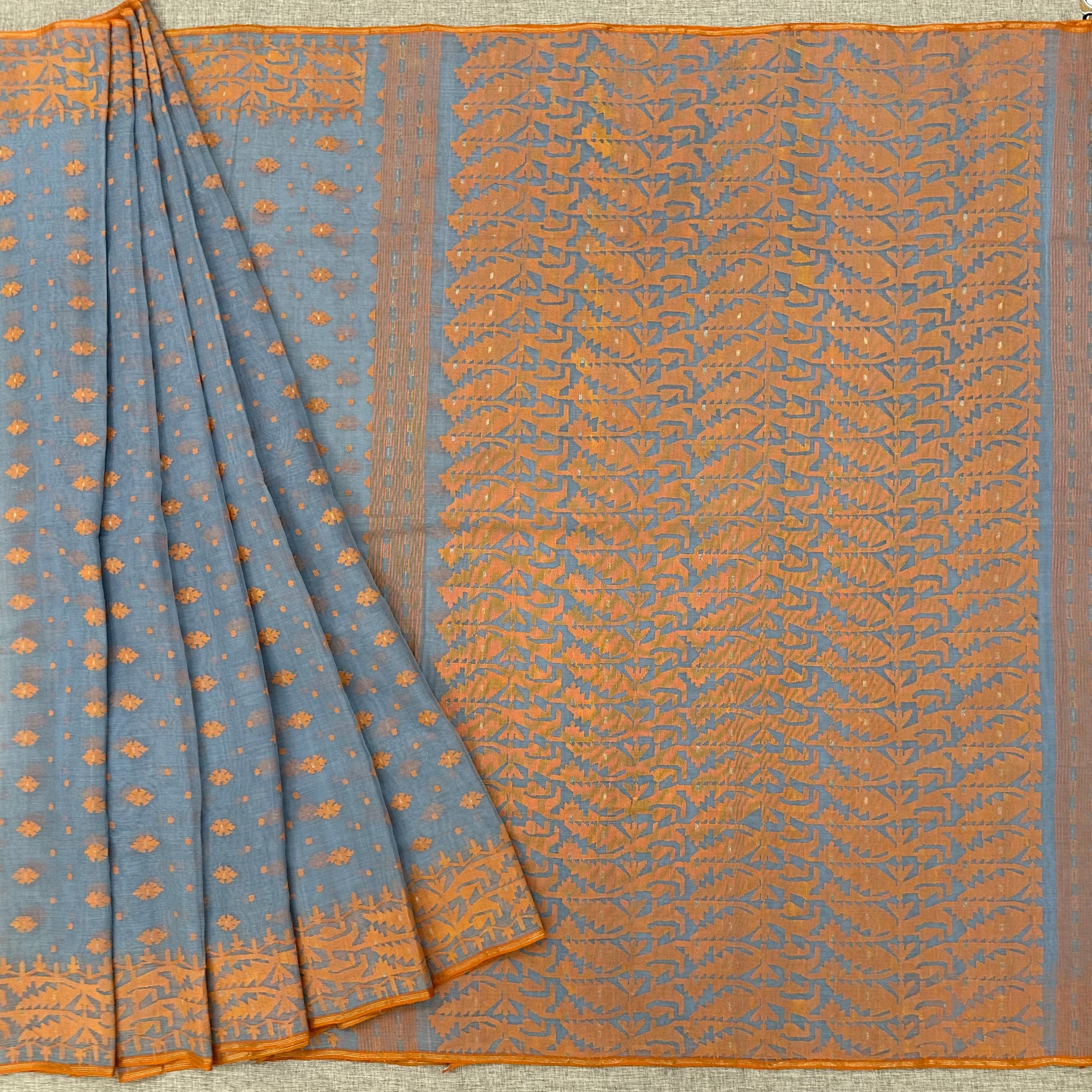 Greyish Sky Blue and Orange Dhakai Jamdani
