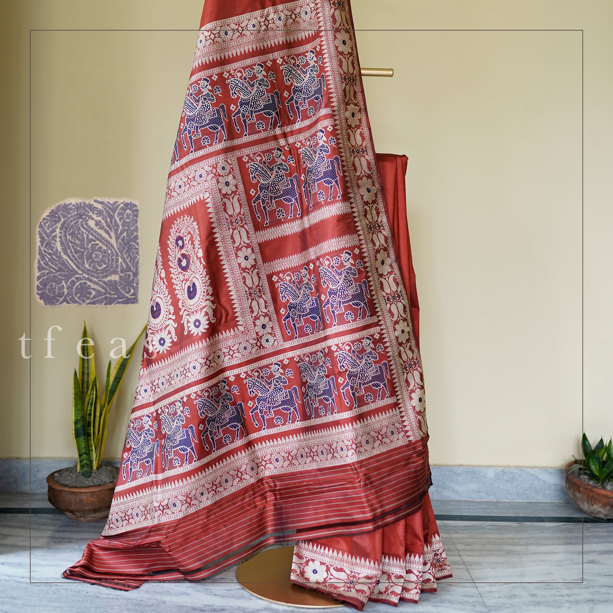 Rust and Blue Baluchari Saree from Bengal