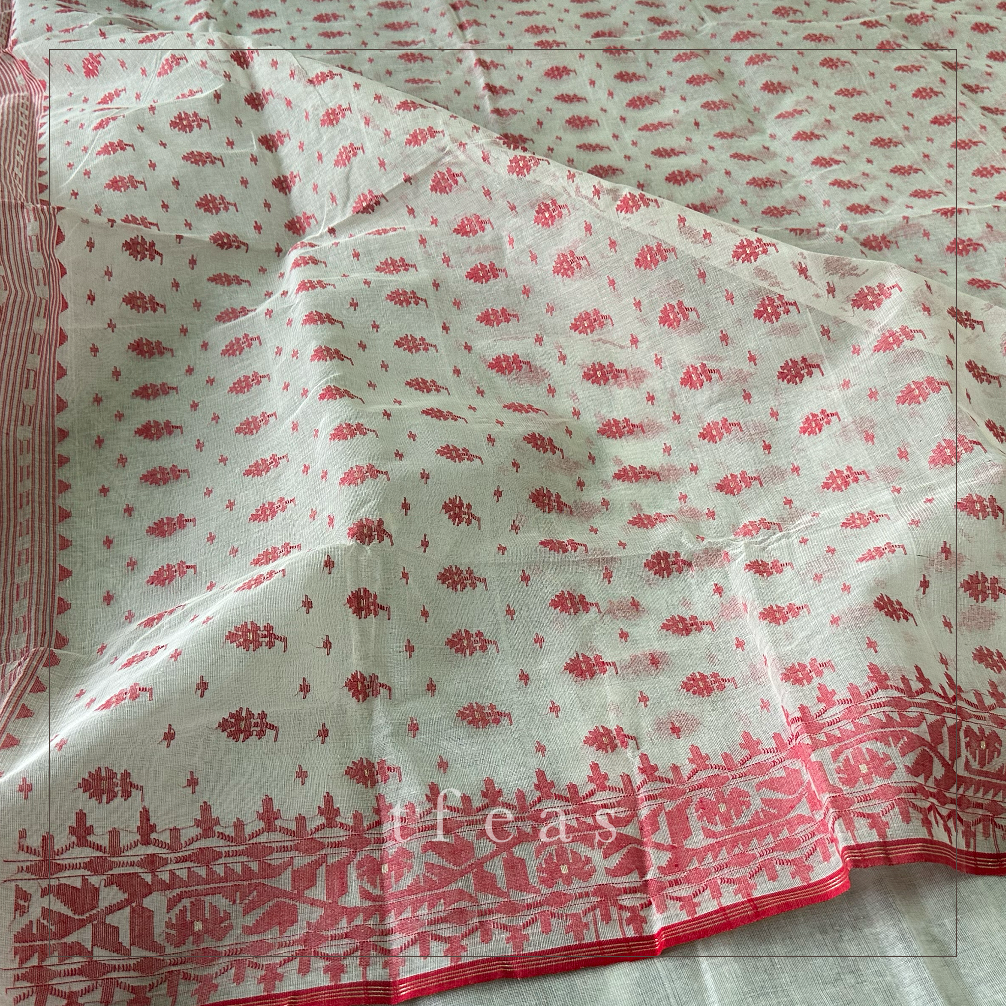 White and Red with Red Butis Dhakai Jamdani