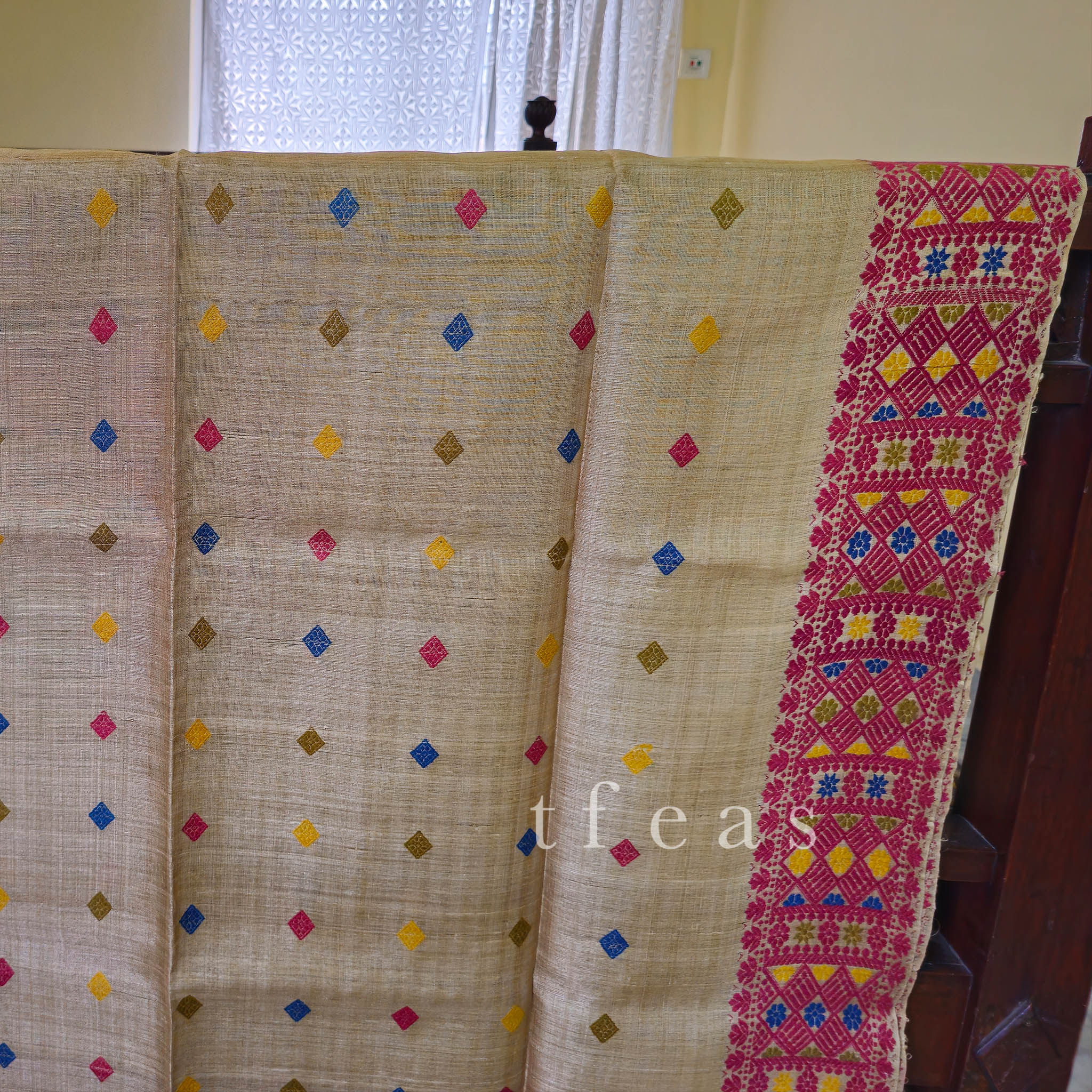 Heirloom Pure Assam Muga Saree with Natural Dyed Eri Extra Weft in Multicolor Diamond Motifs