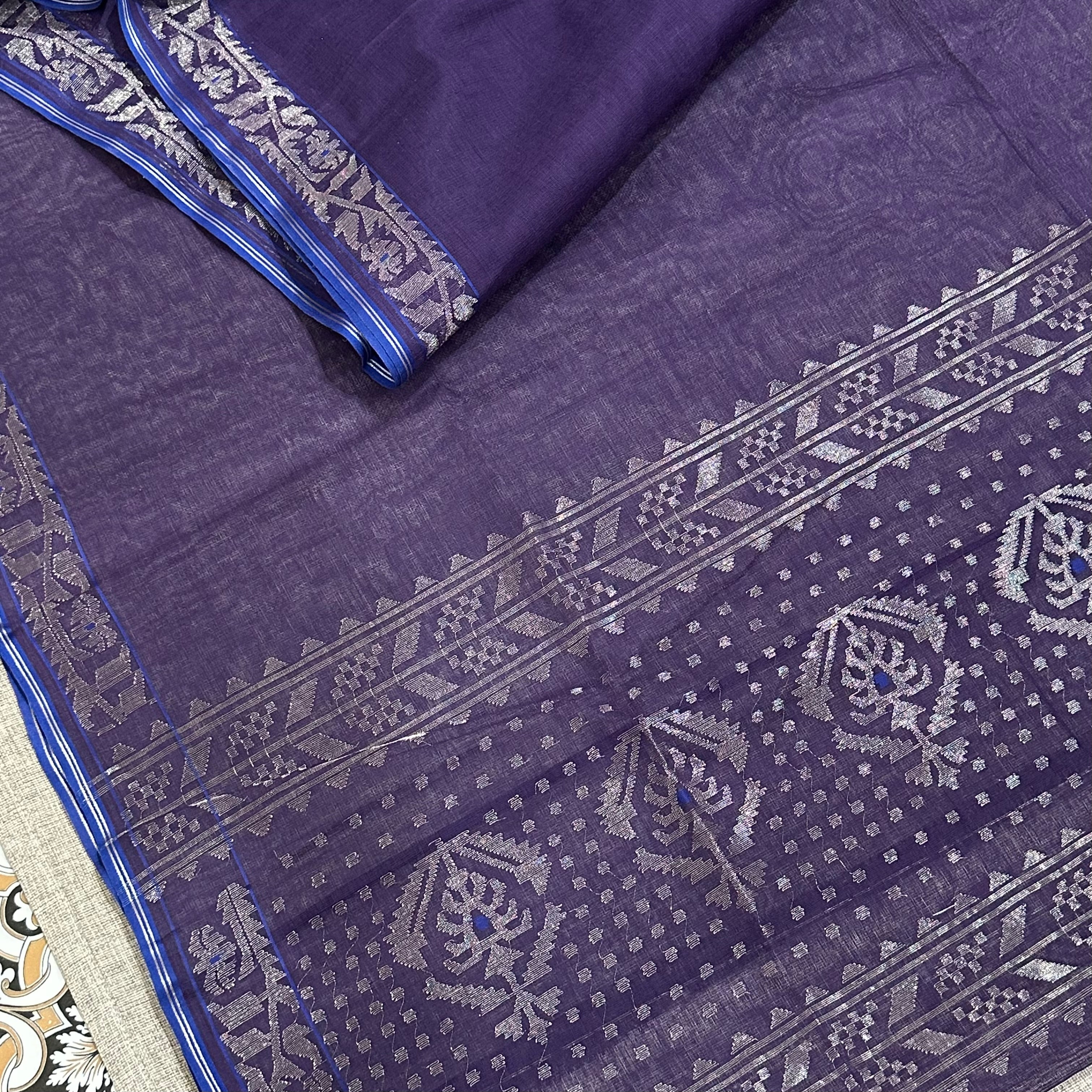 Purple and Blue with Silver Dhakai Jamdani