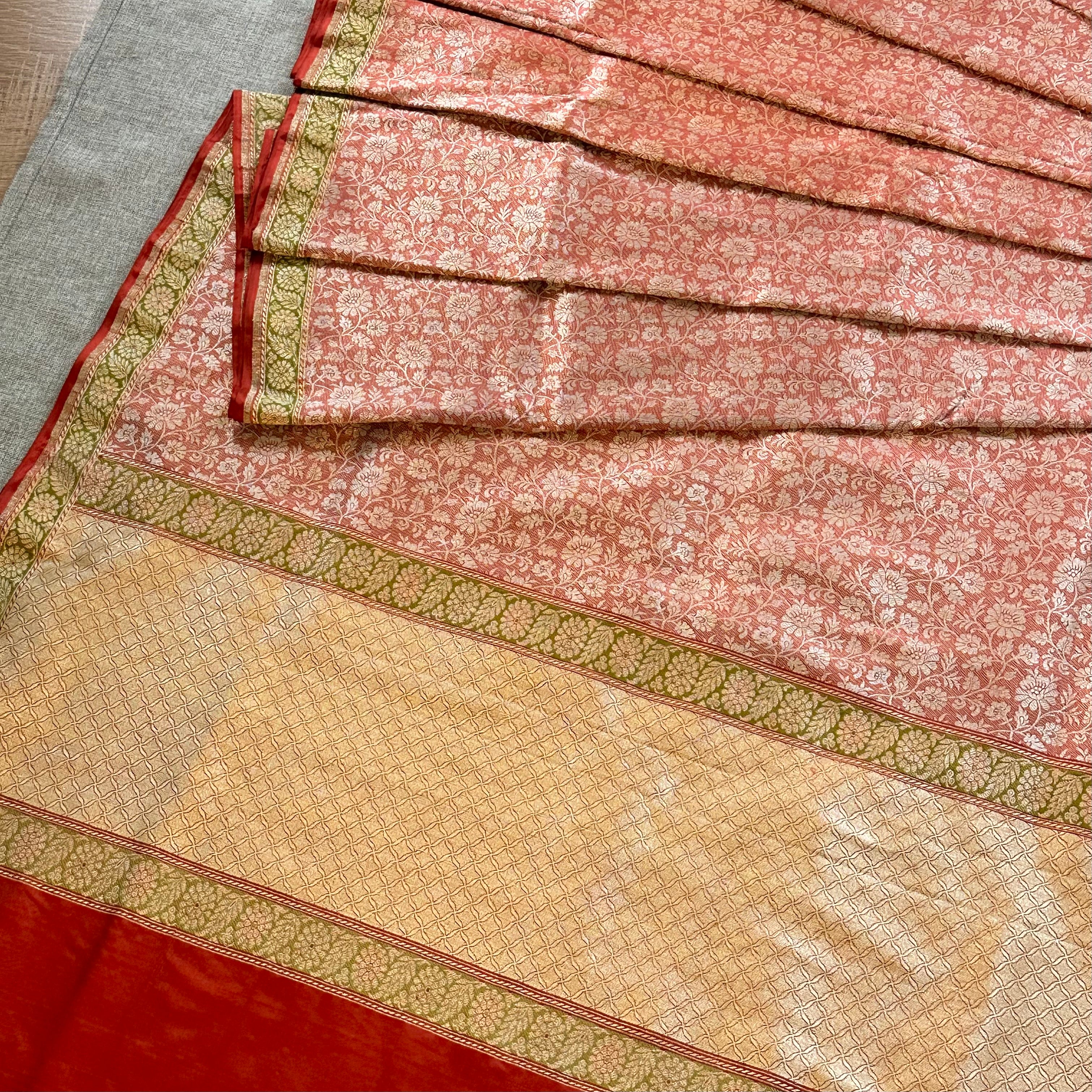 Brick Red Tanchoi Benarasi with Green Minakari Khadwa Border