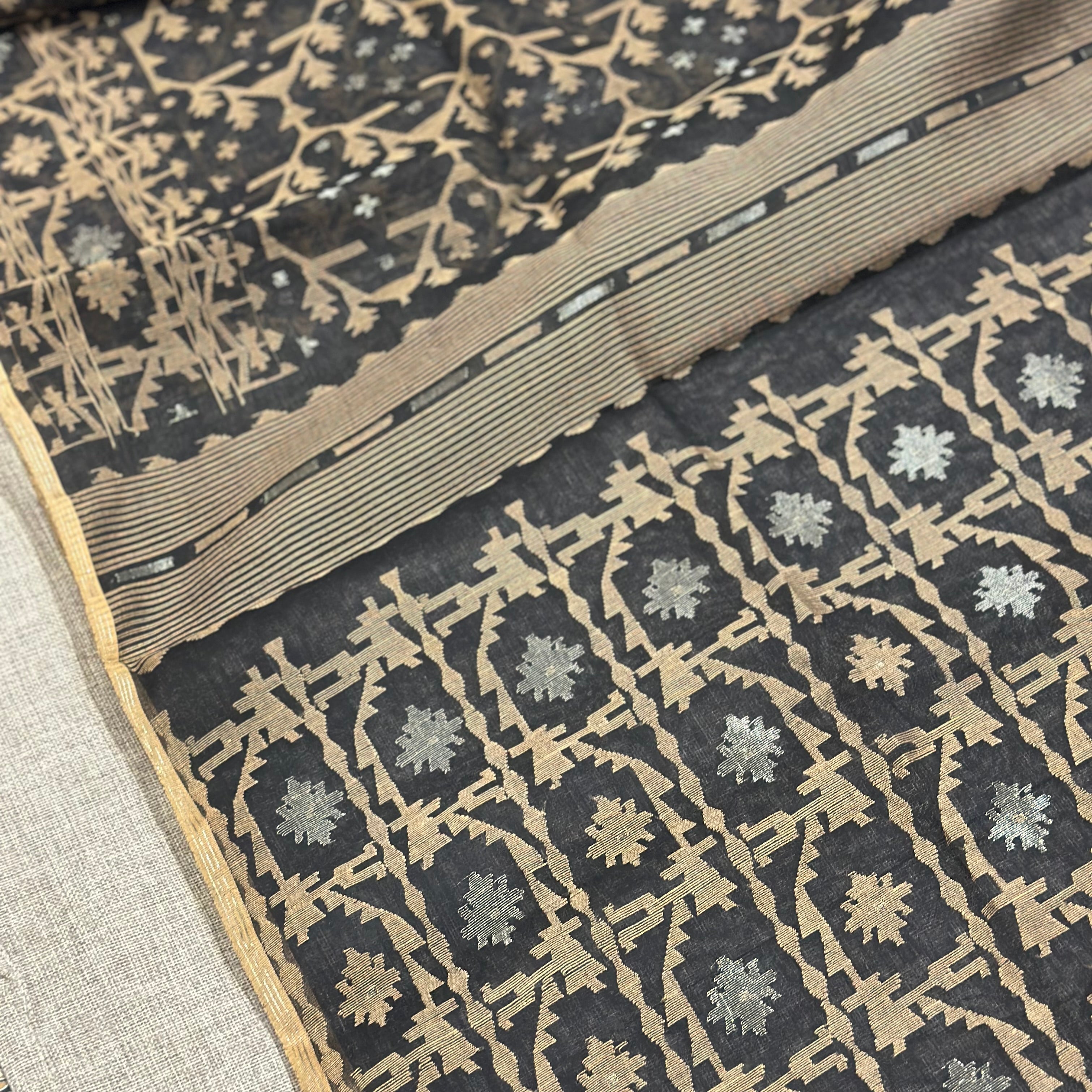 Black and Beige Jaal Dhakai Jamdani Saree