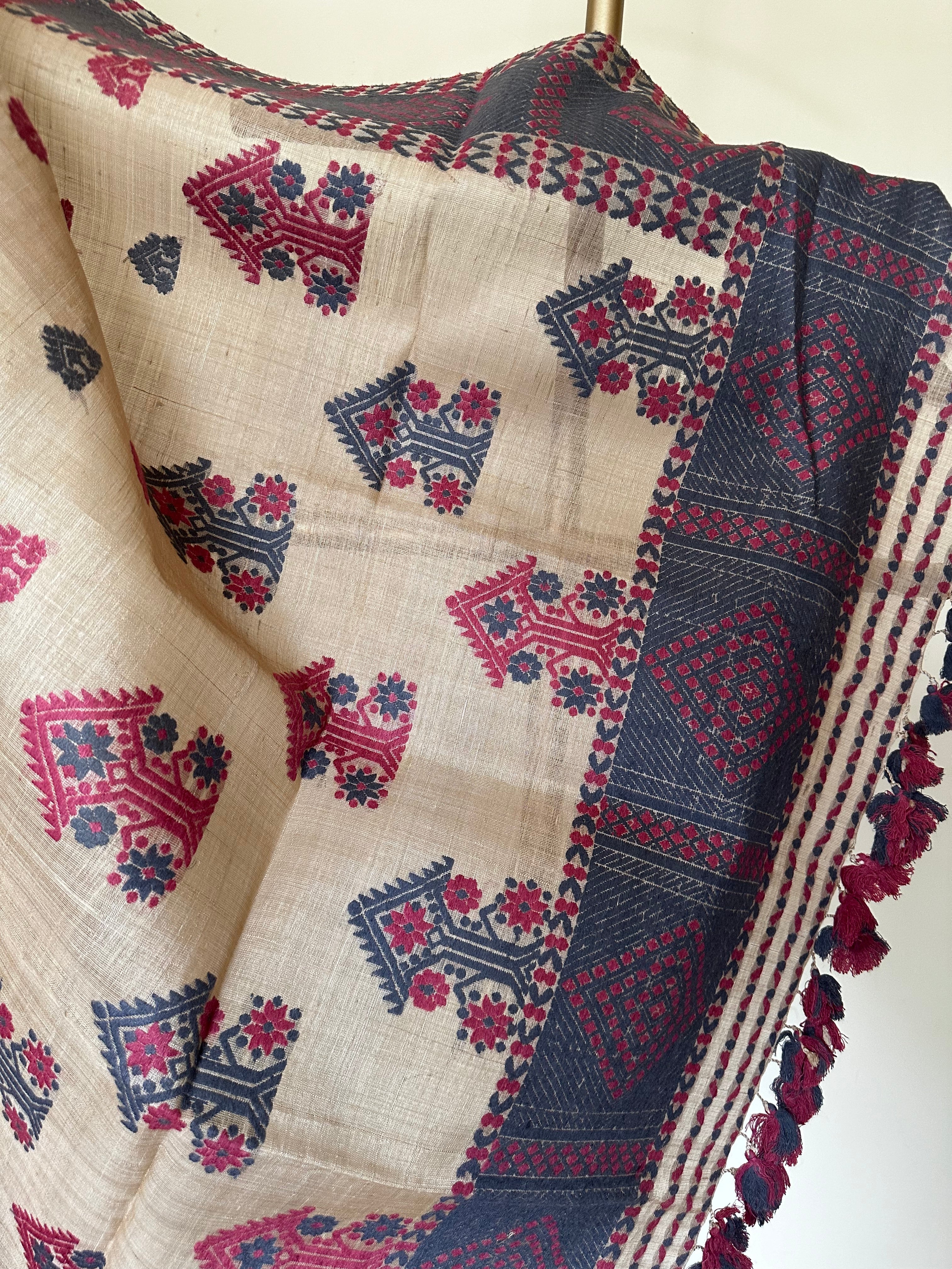 Heirloom Pure Assam Muga Saree with Natural Dyed Eri Extra Weft in Red and Grey