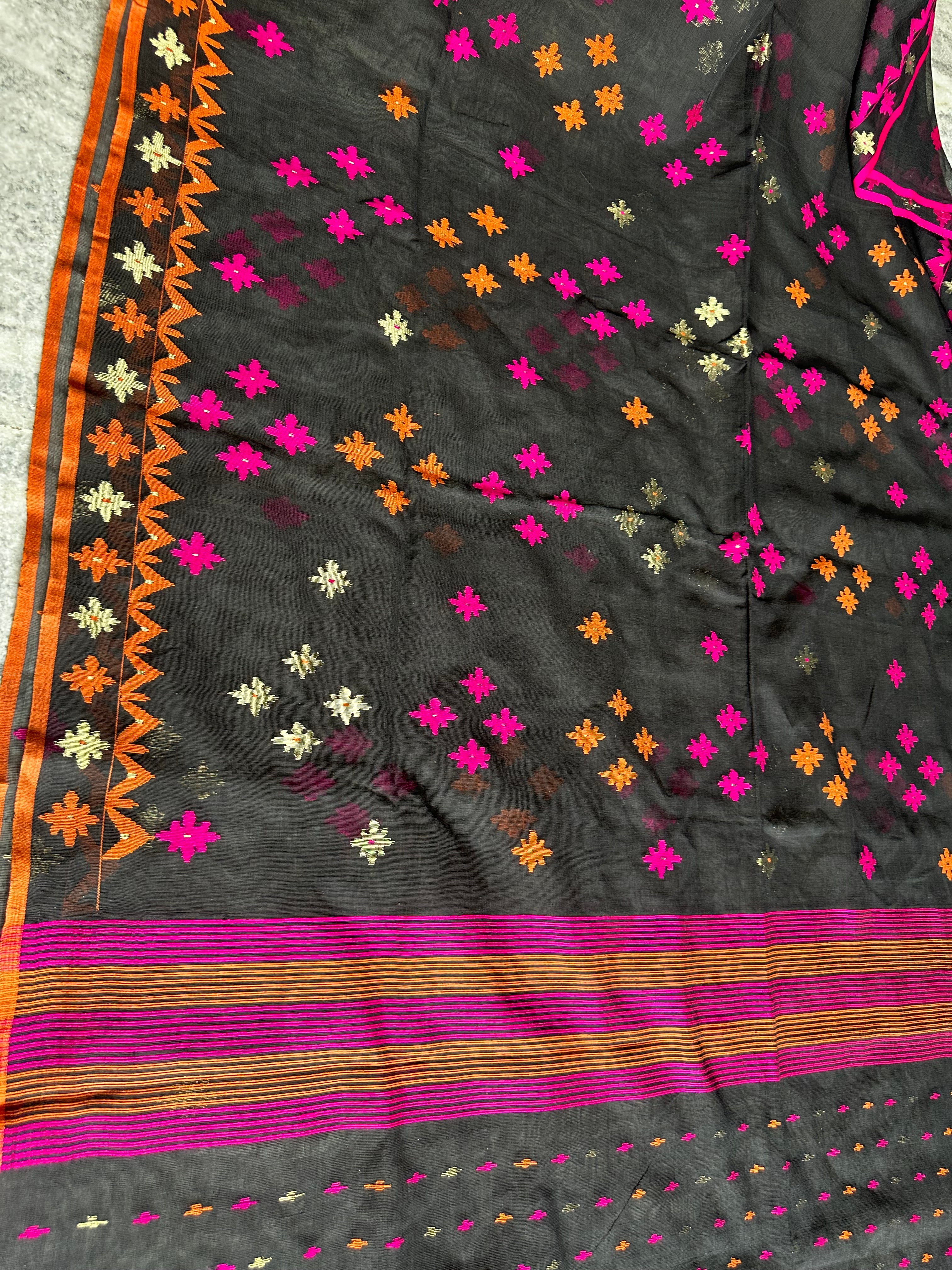 Black with Orange and Pink Dhakai Jamdani