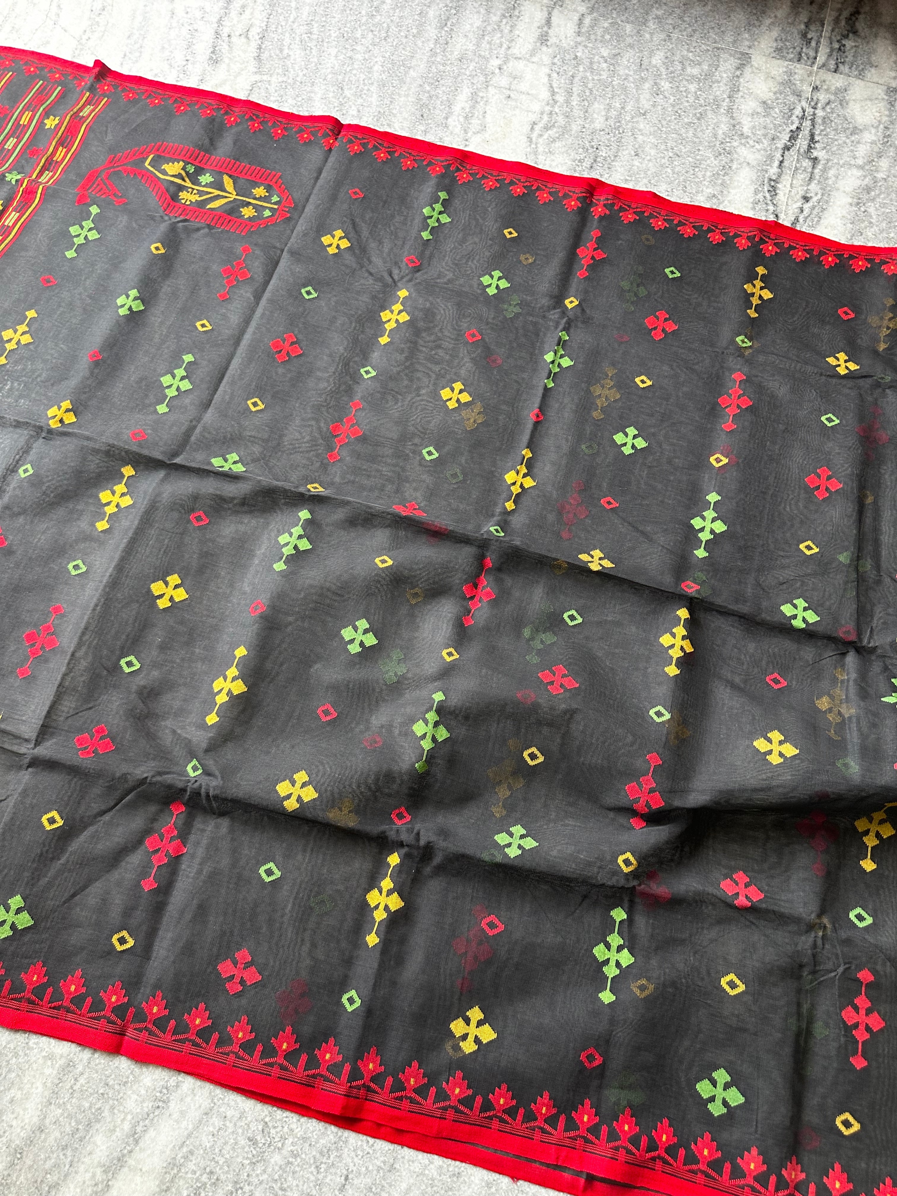 Black with Red and Green Dhakai Jamdani