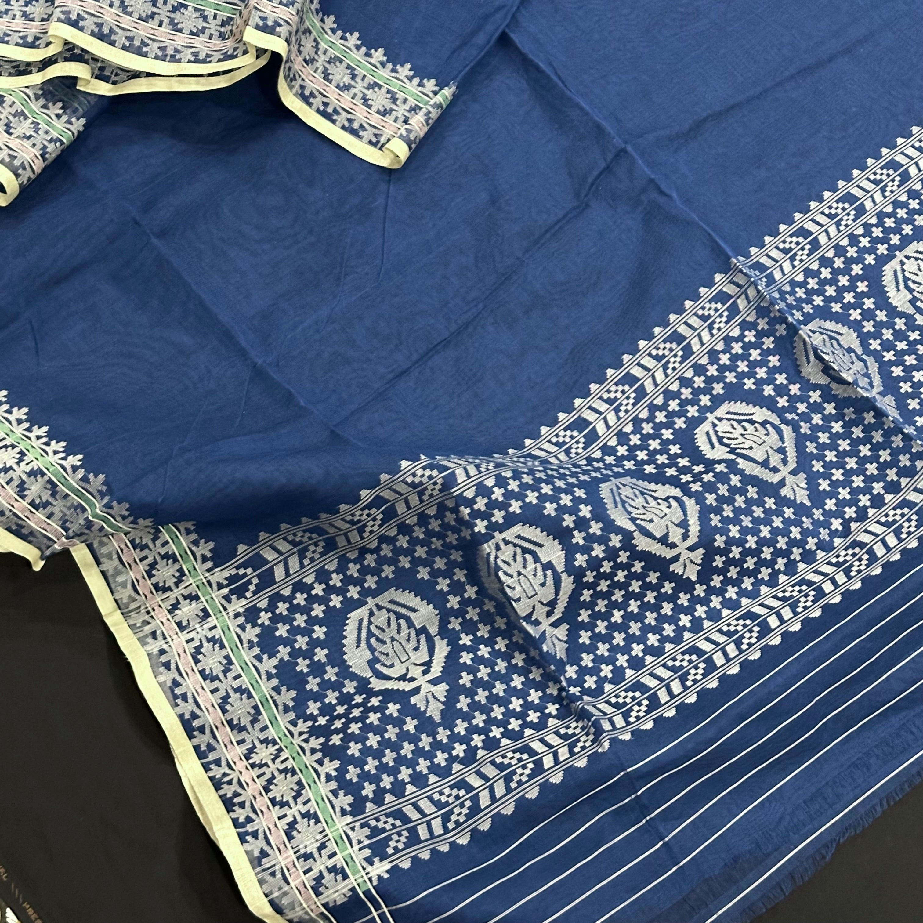 Blue Dhakai Jamdani with beige selvedge (Copy)