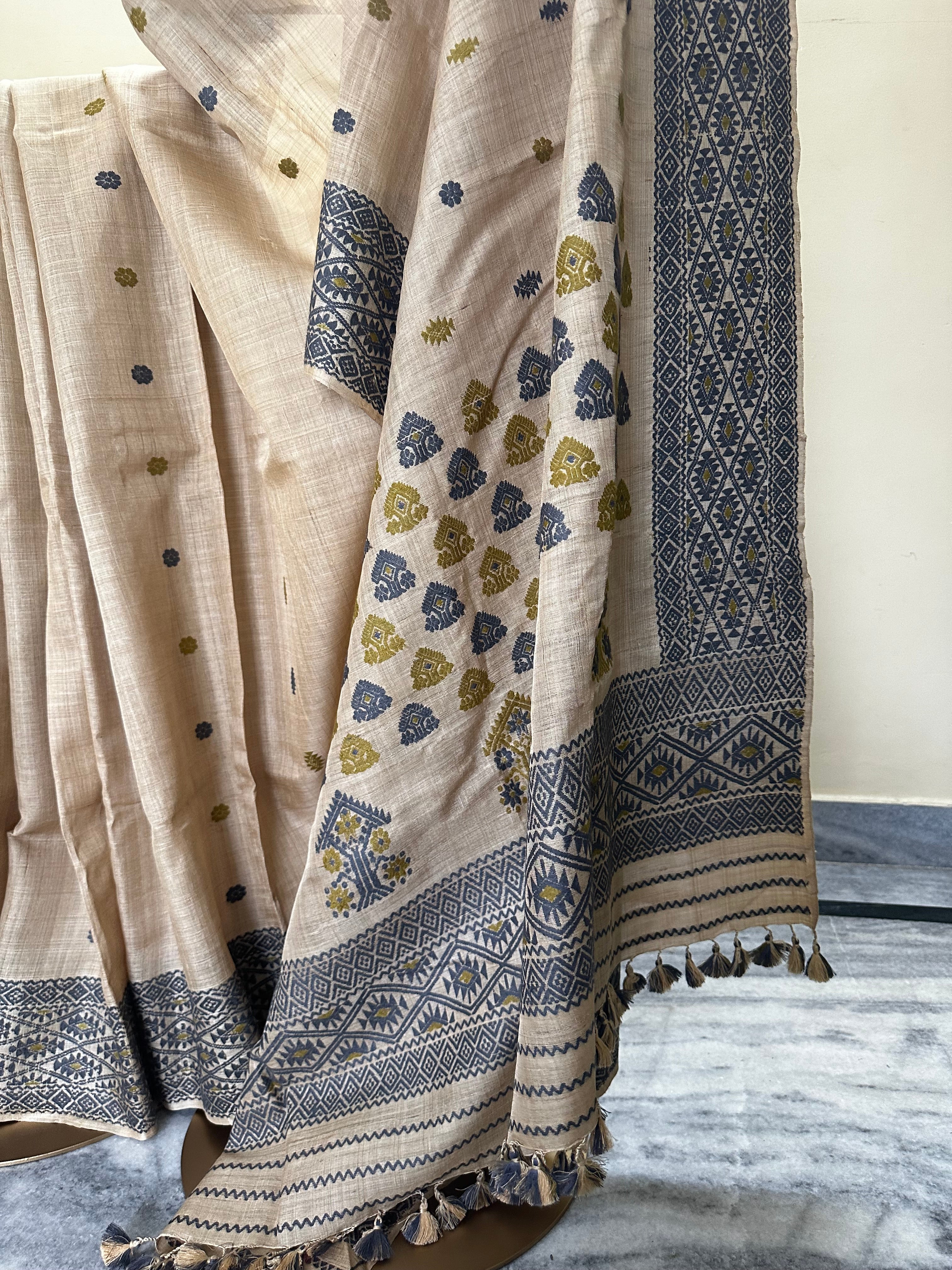 Heirloom Pure Assam Muga Saree with Natural Dyed Eri Extra Weft in Indigo and Mehendi