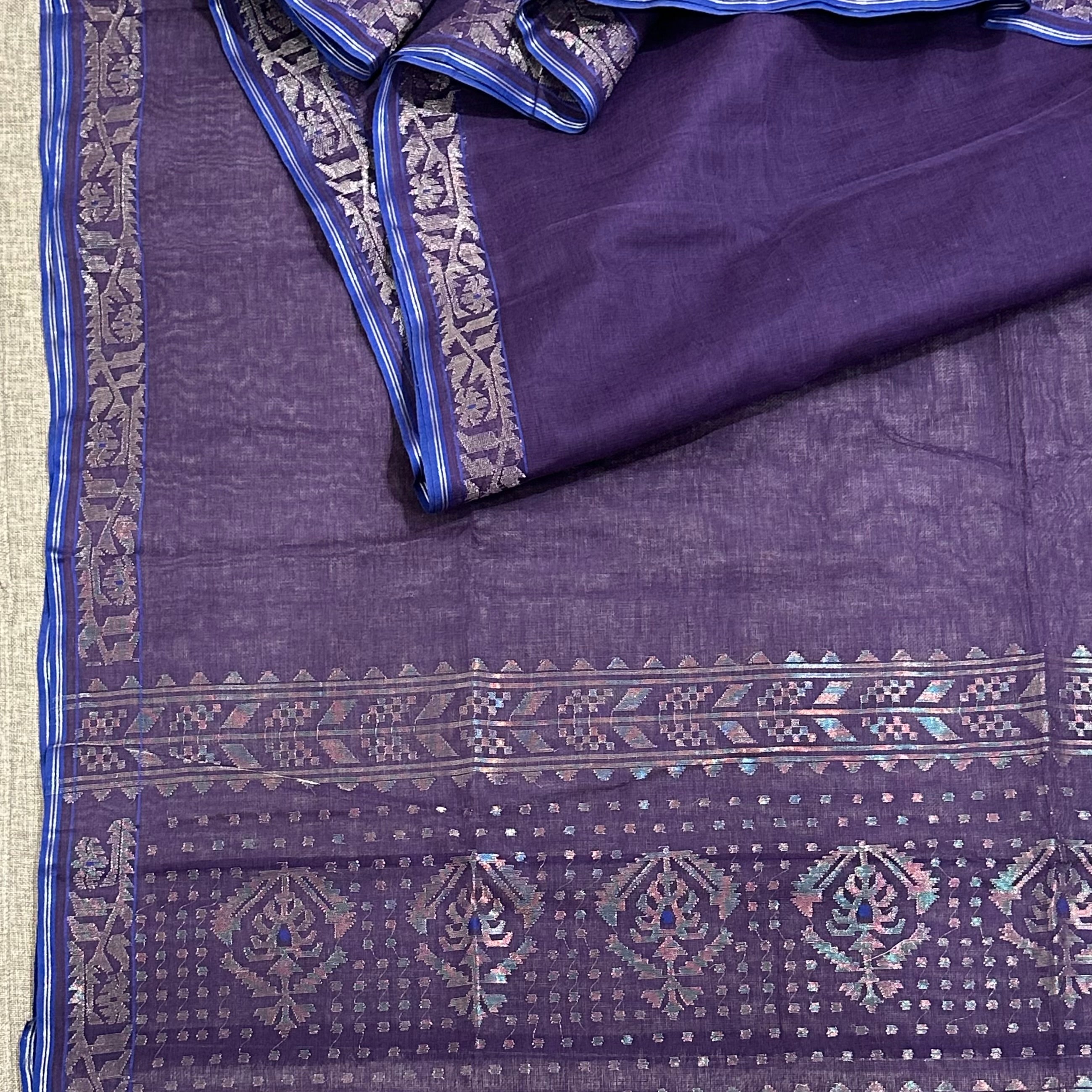 Purple and Blue with Silver Dhakai Jamdani