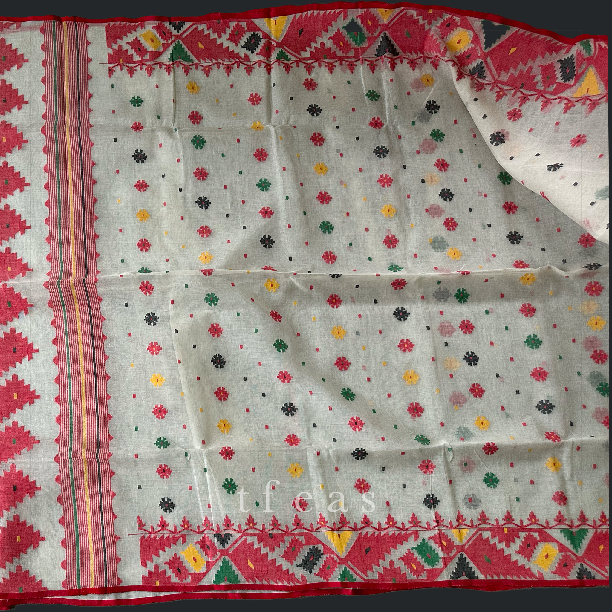White and Red with Multicoloured Butis Dhakai Jamdani