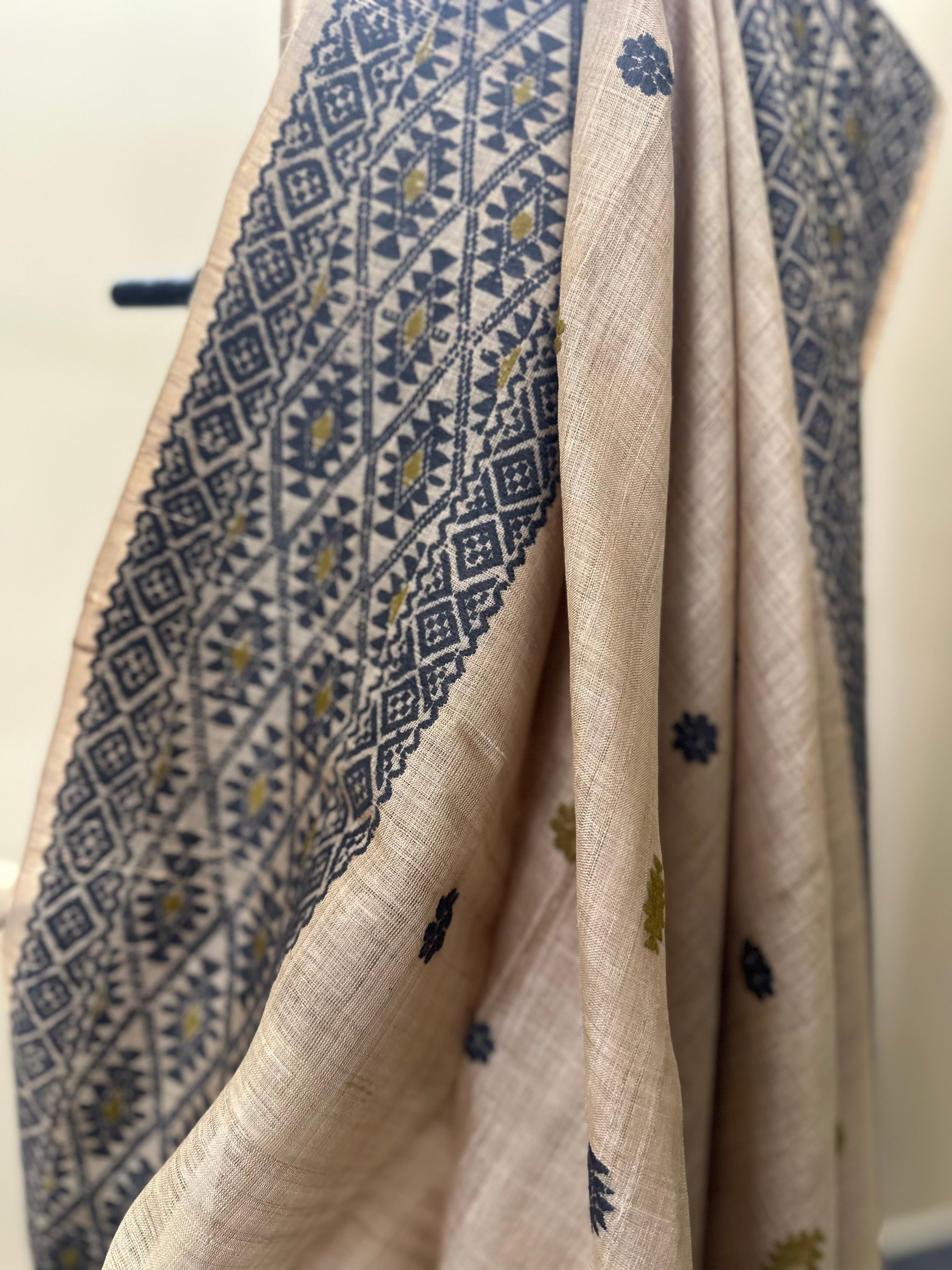 Heirloom Pure Assam Muga Saree with Natural Dyed Eri Extra Weft in Indigo and Mehendi