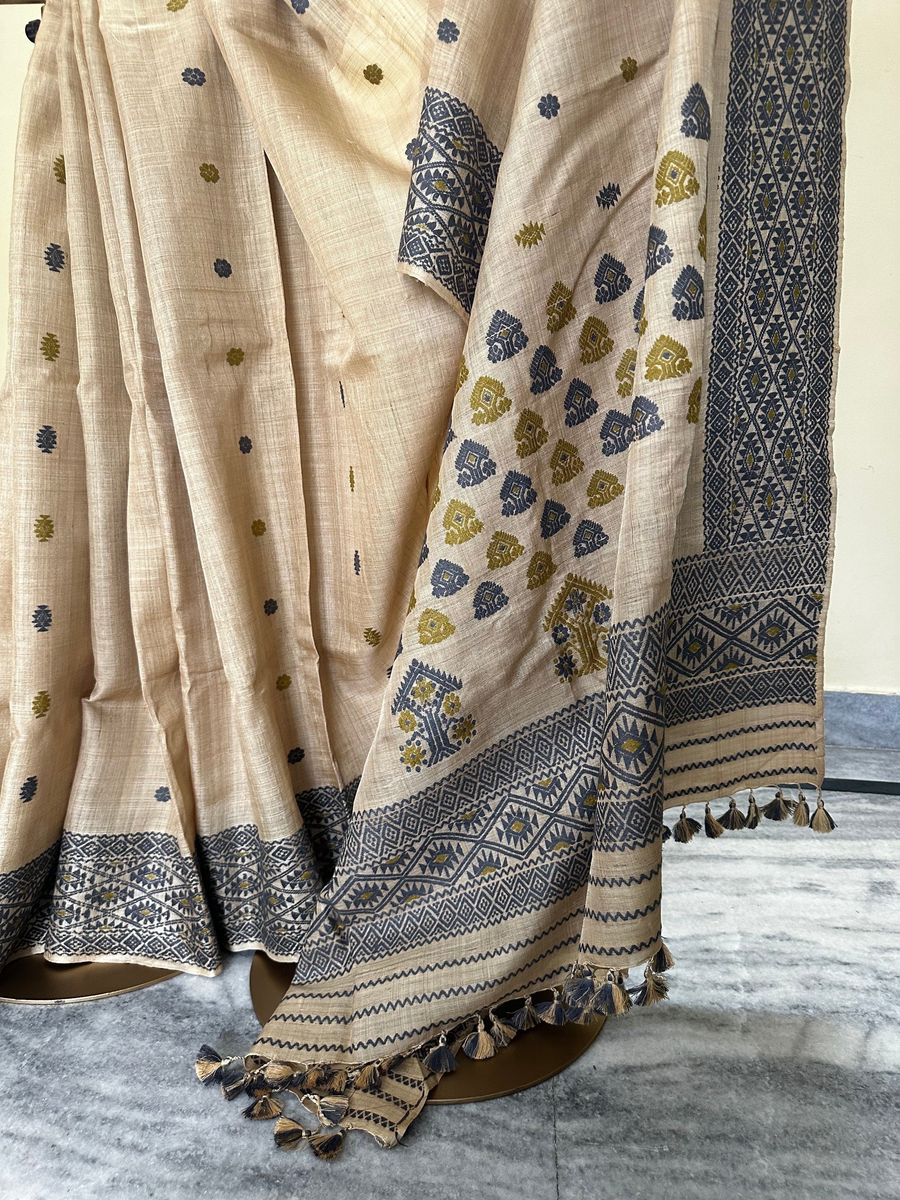 Heirloom Pure Assam Muga Saree with Natural Dyed Eri Extra Weft in Indigo and Mehendi