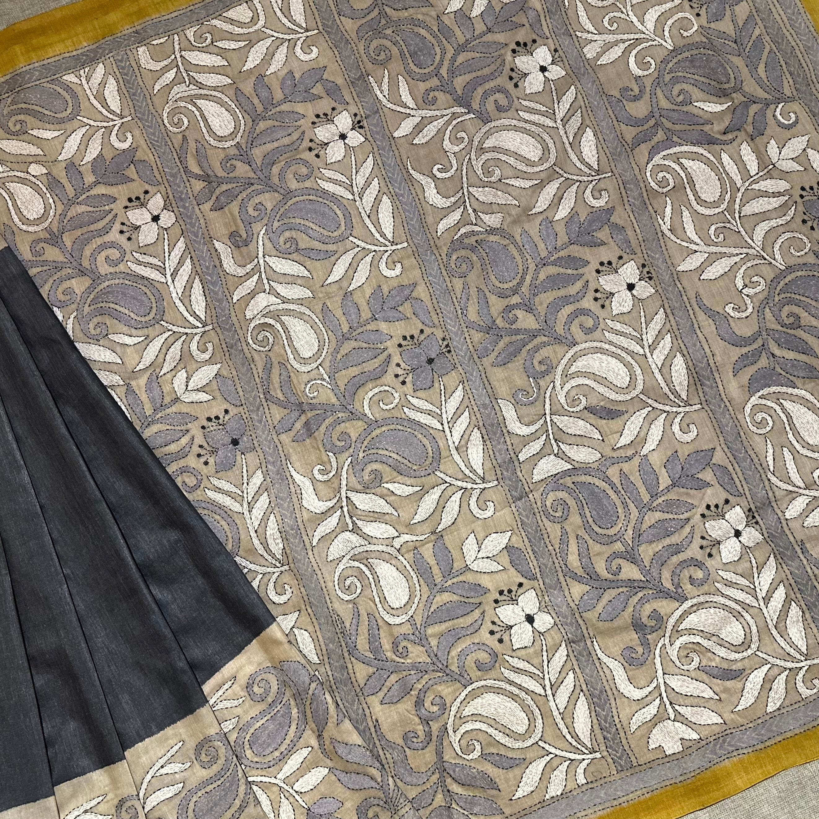 Yellow grey Natural Dyed Handwoven Tussar with Kantha