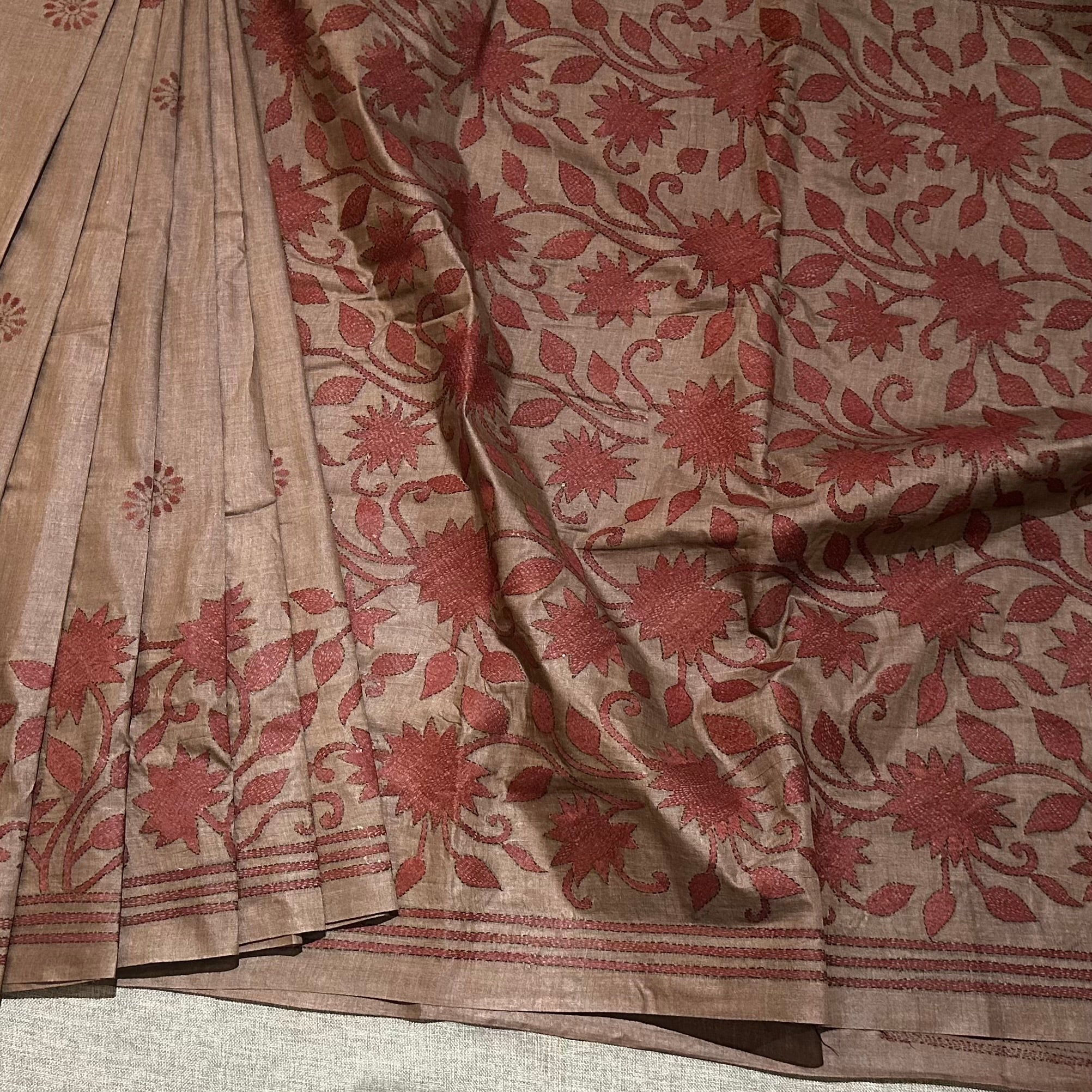 Rust Natural Dyed Handwoven Tussar with Kantha