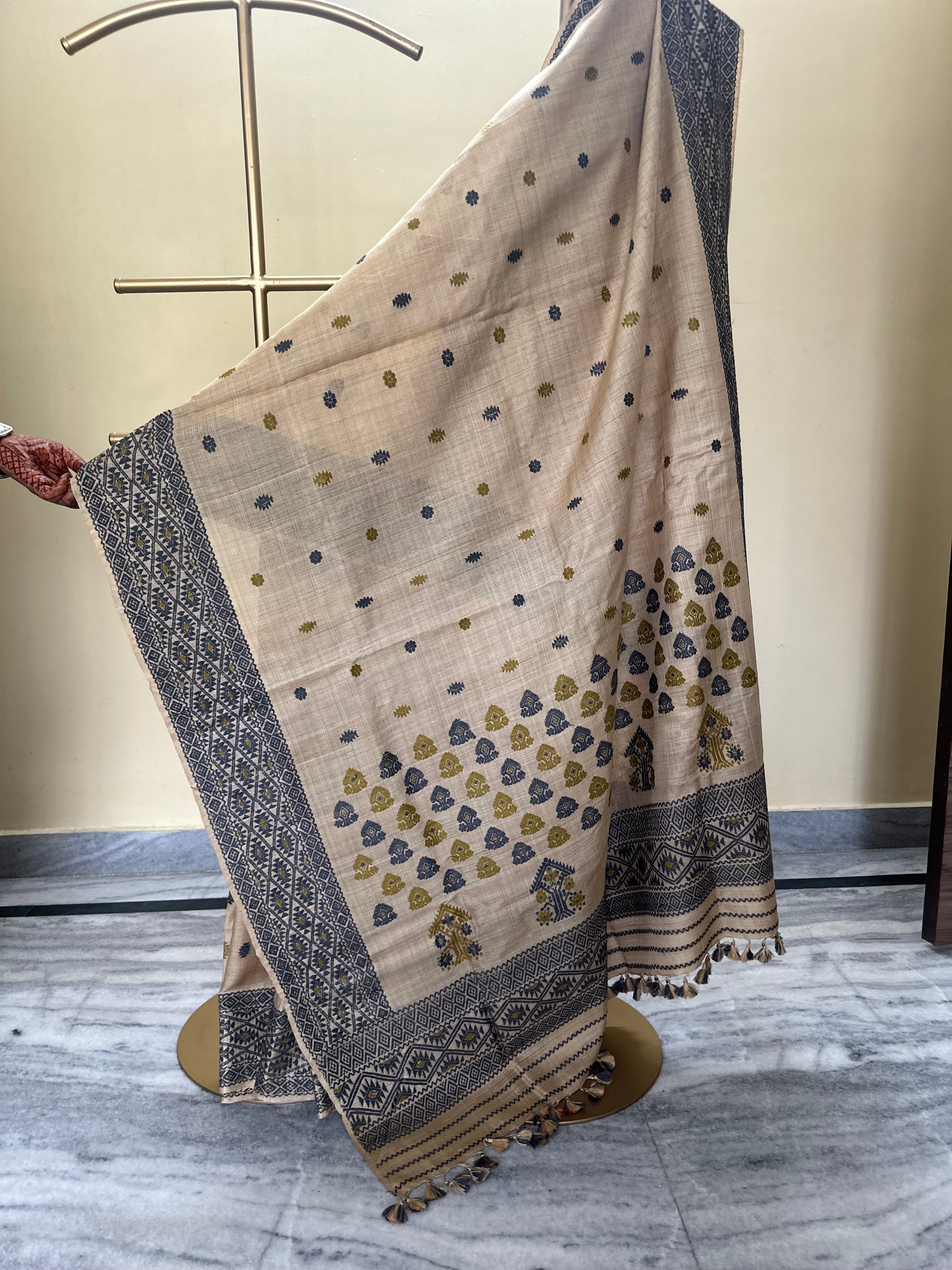 Heirloom Pure Assam Muga Saree with Natural Dyed Eri Extra Weft in Indigo and Mehendi