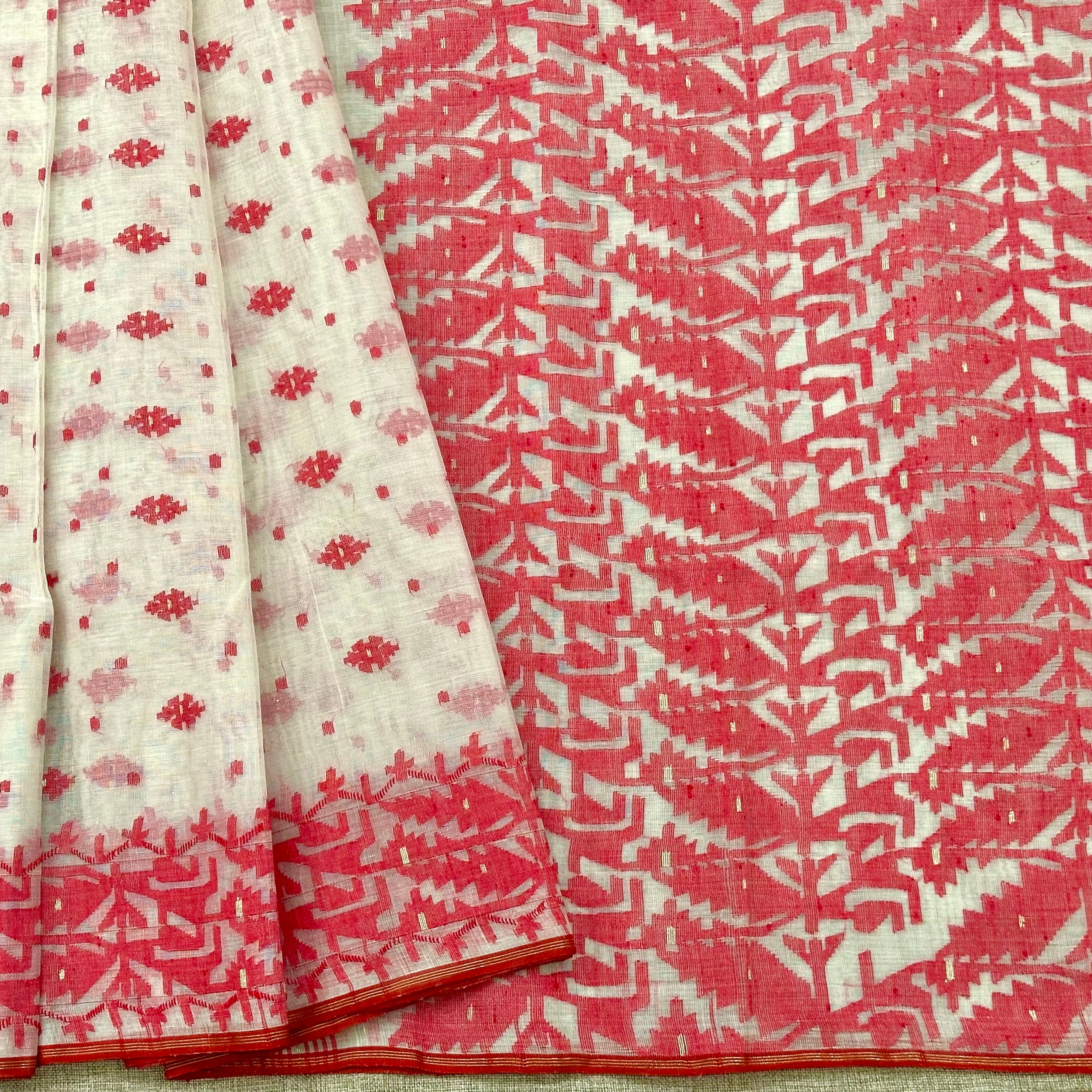 Red and White Dhakai Jamdani