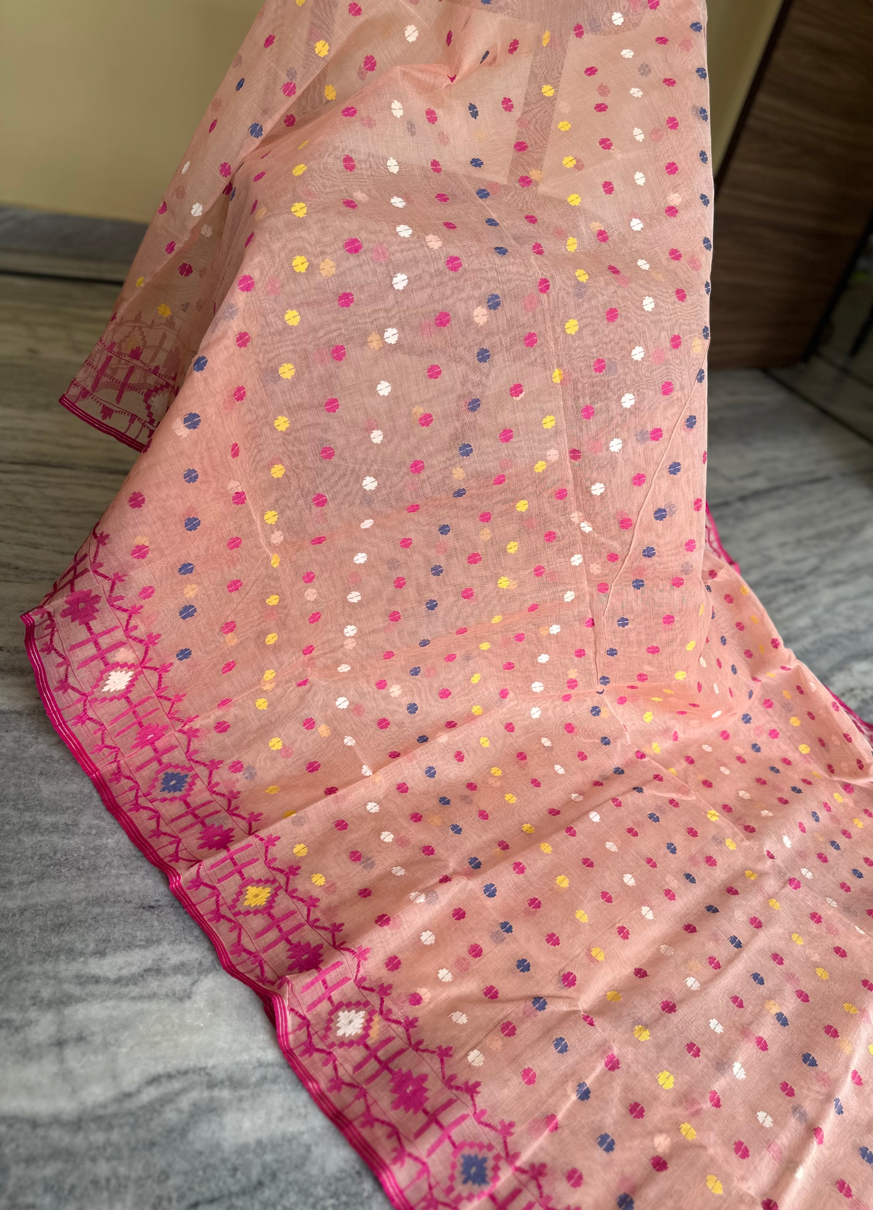 Light Pink Dhakai Jamdani with Multicolor Butis