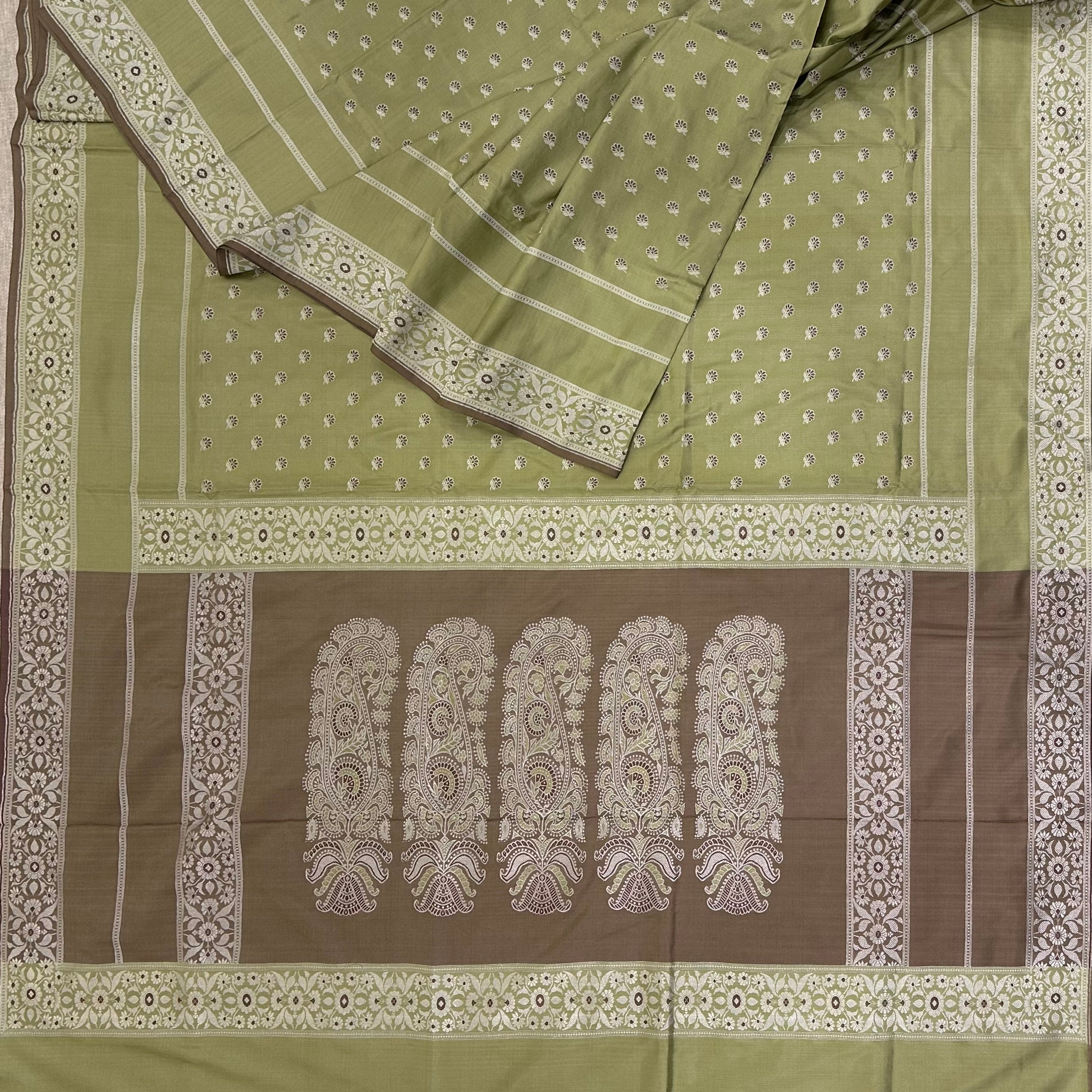 Sage Green Baluchari Saree with Paisleys in the Palla