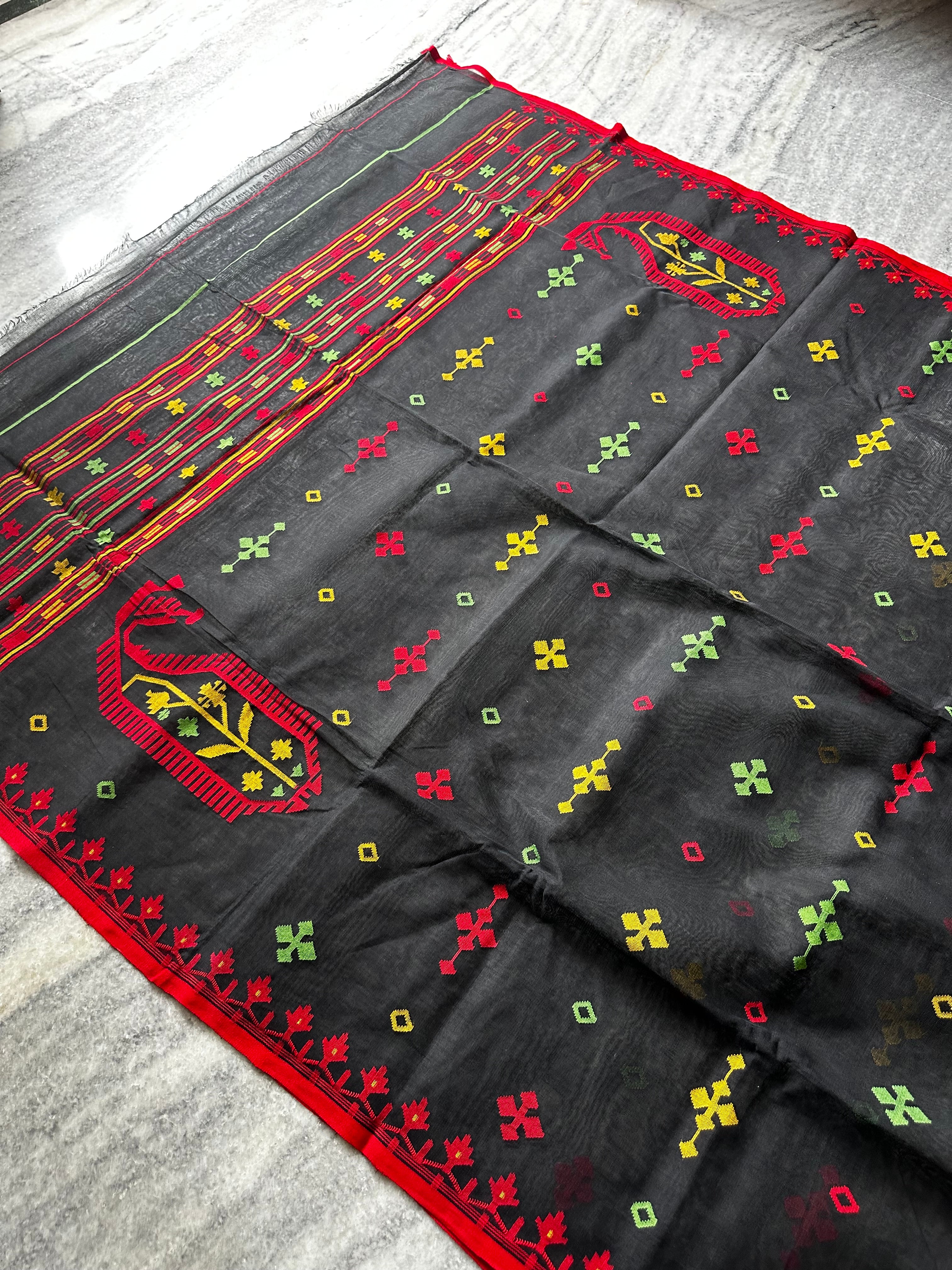 Black with Red and Green Dhakai Jamdani