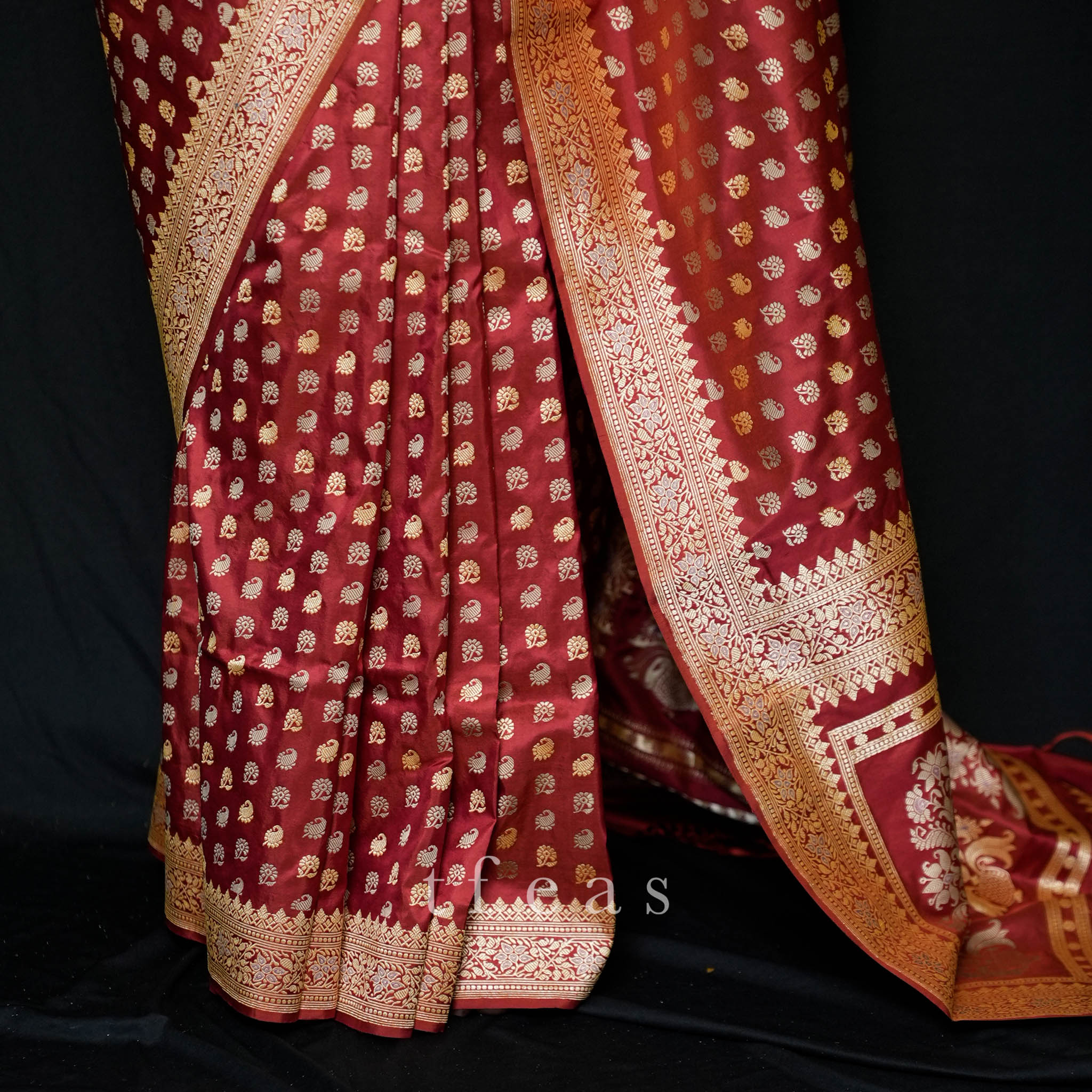 Red Revival Baluchari Saree with tree of life and zari