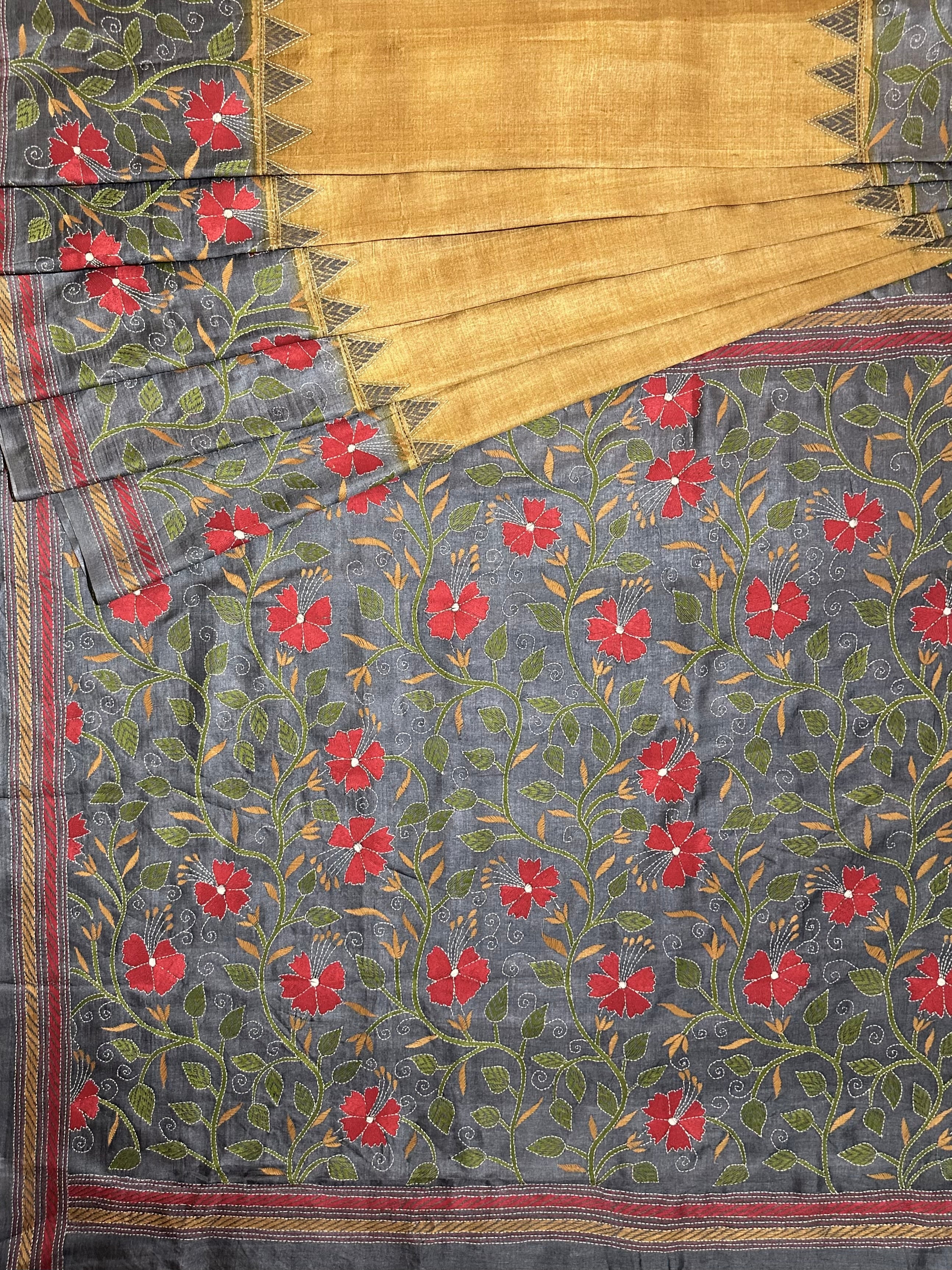 Floral Natural Dyed Handwoven Tussar with Kantha