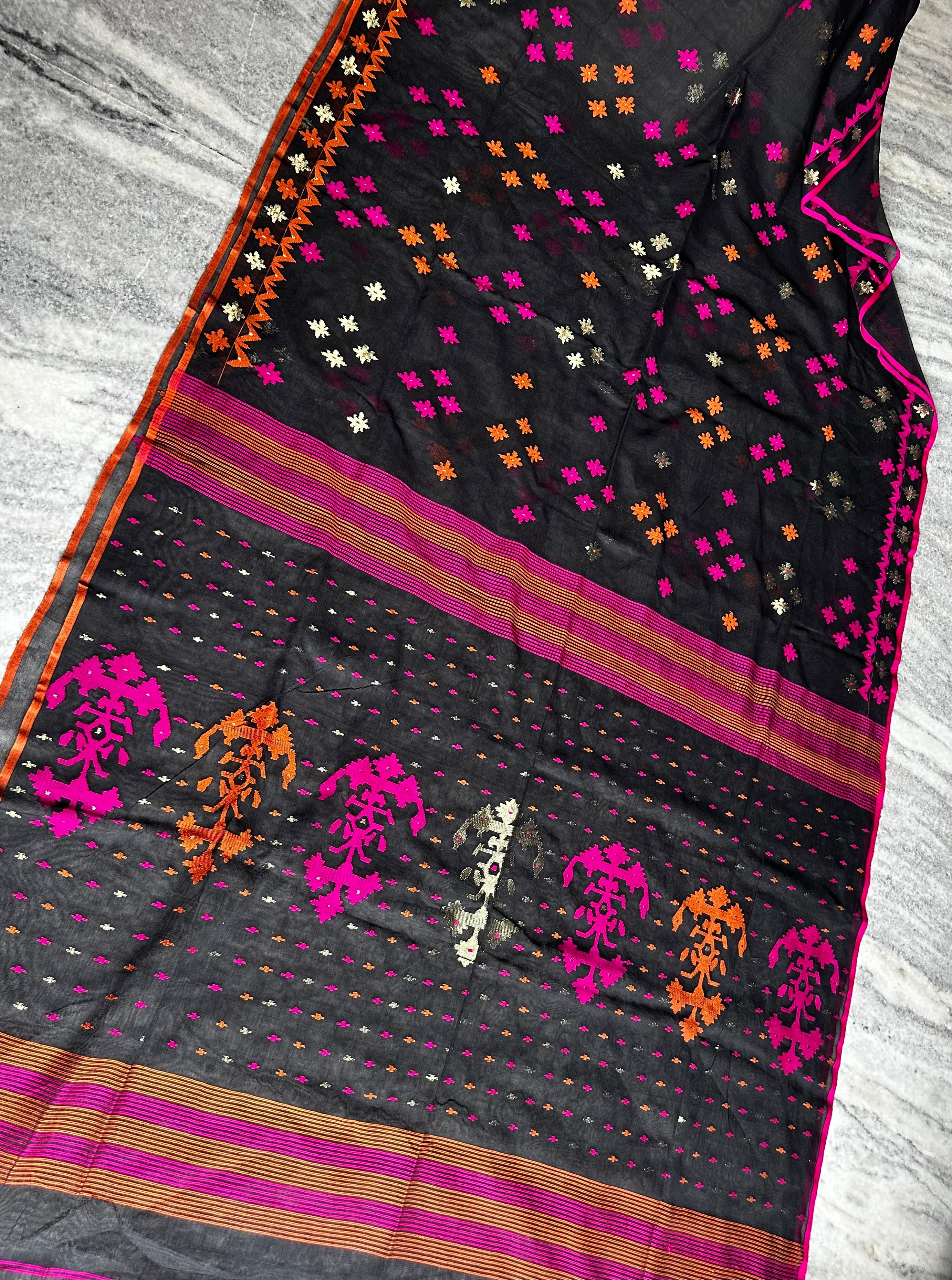 Black with Orange and Pink Dhakai Jamdani