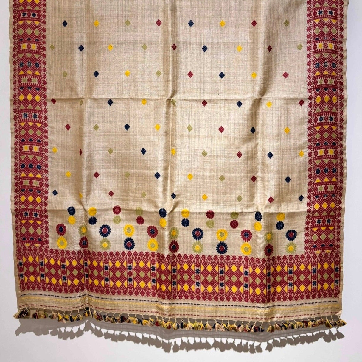 Heirloom Pure Assam Muga Saree with Natural Dyed Eri Extra Weft in Multicolor Diamond Motifs