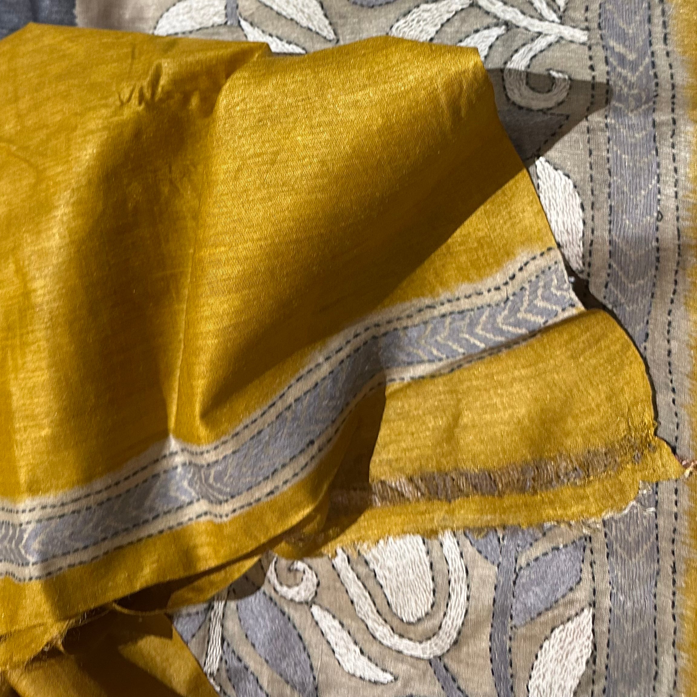 Yellow grey Natural Dyed Handwoven Tussar with Kantha