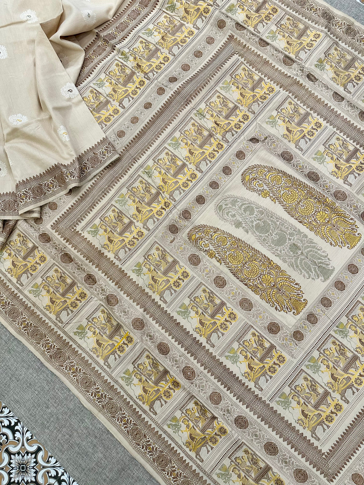 Beige Grand Palla Baluchari Saree with butis