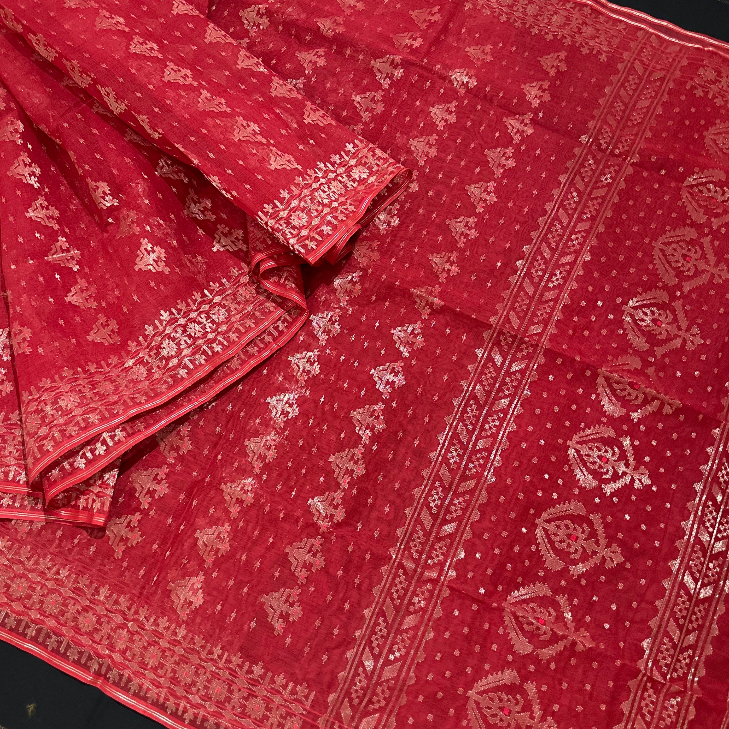 Red Dhakai Jamdani Saree with Butis