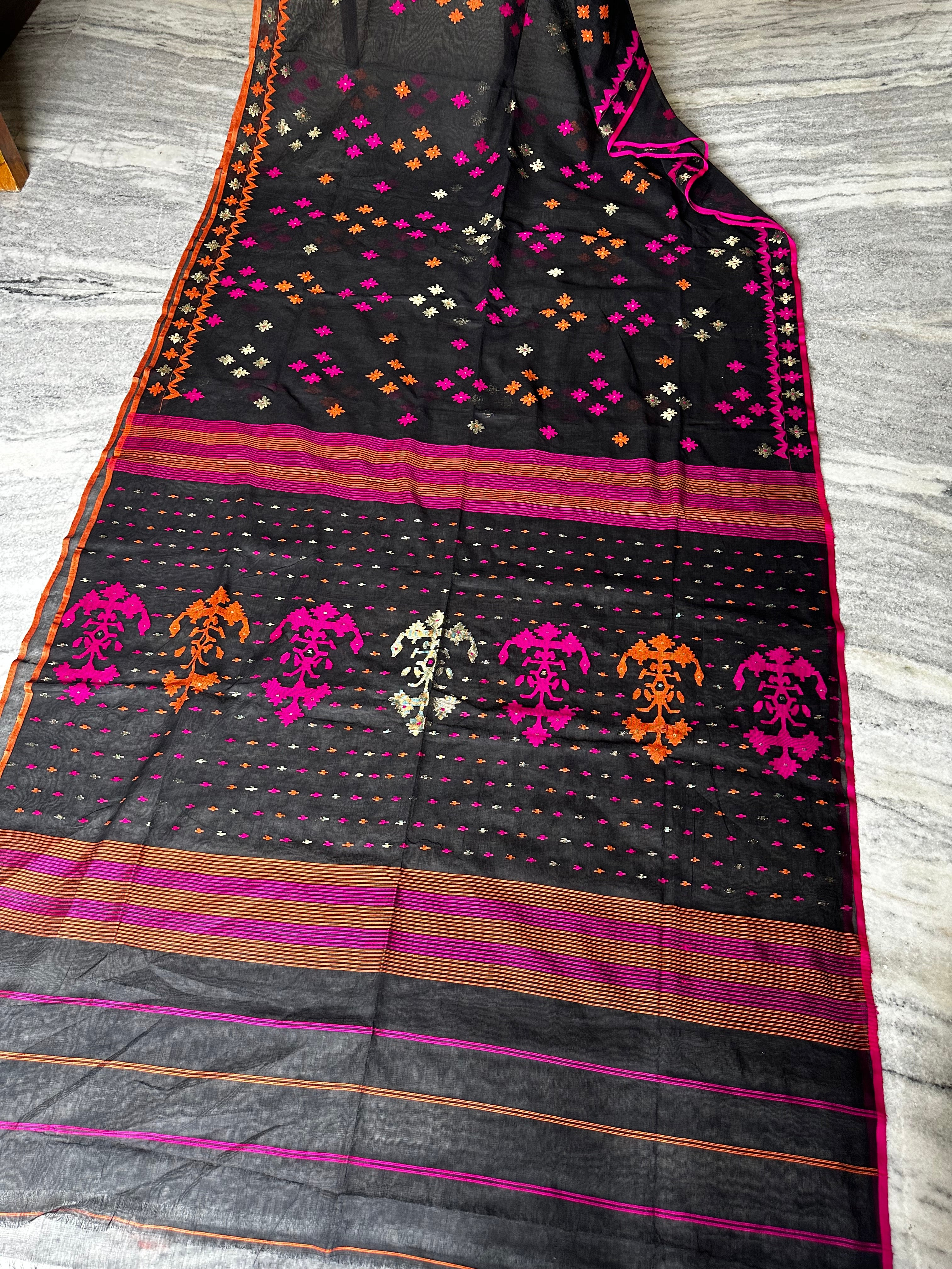 Black with Orange and Pink Dhakai Jamdani