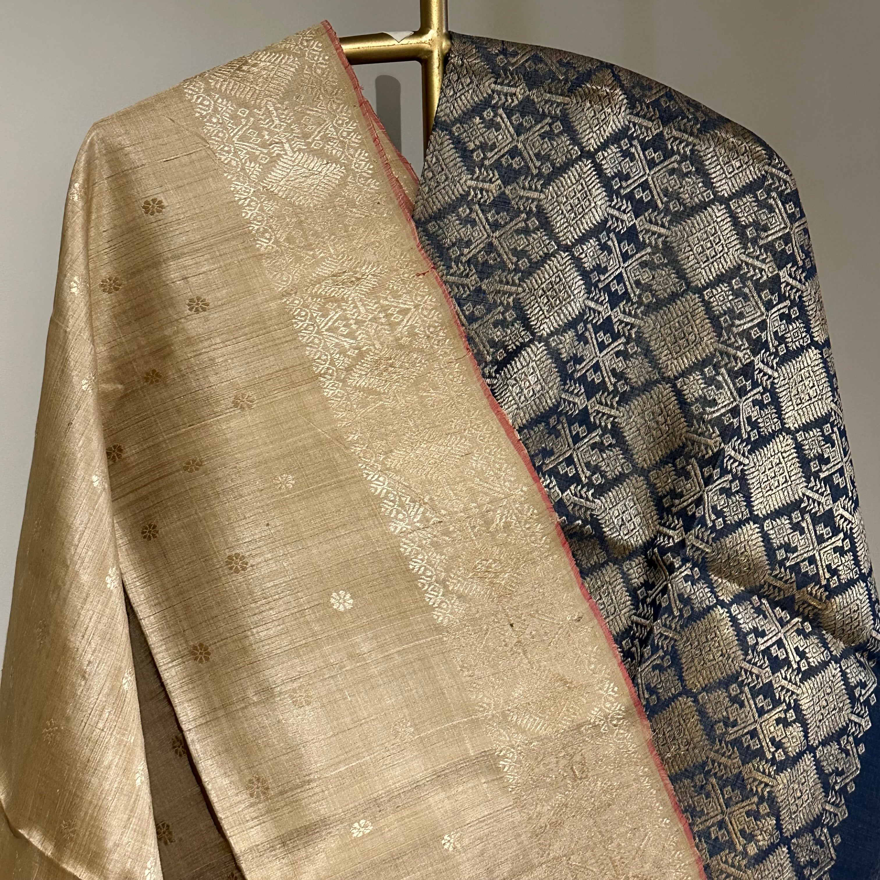 Handwoven Pure Muga Saree with Indigo Palla