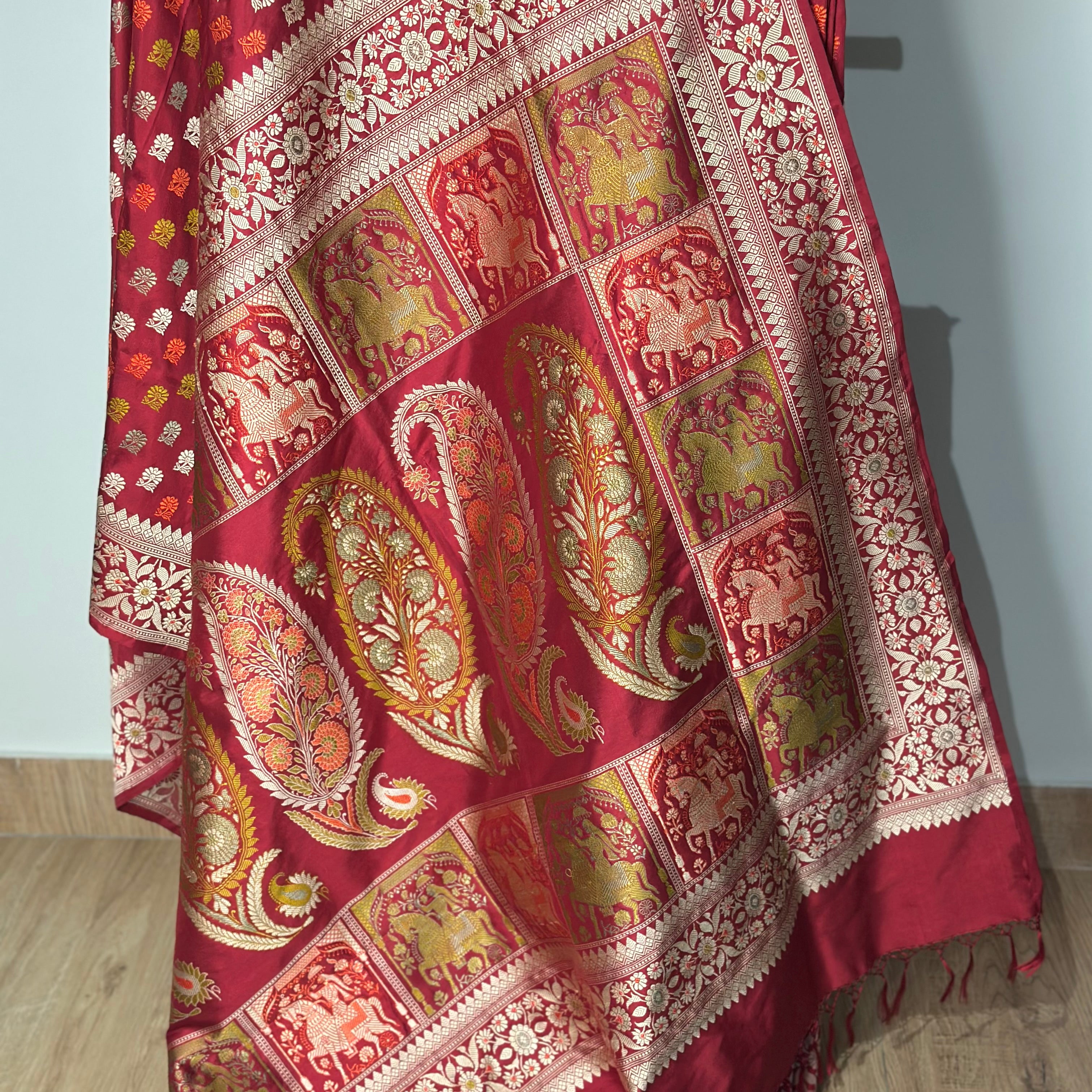 Red Revival Baluchari Saree with Horse Palla