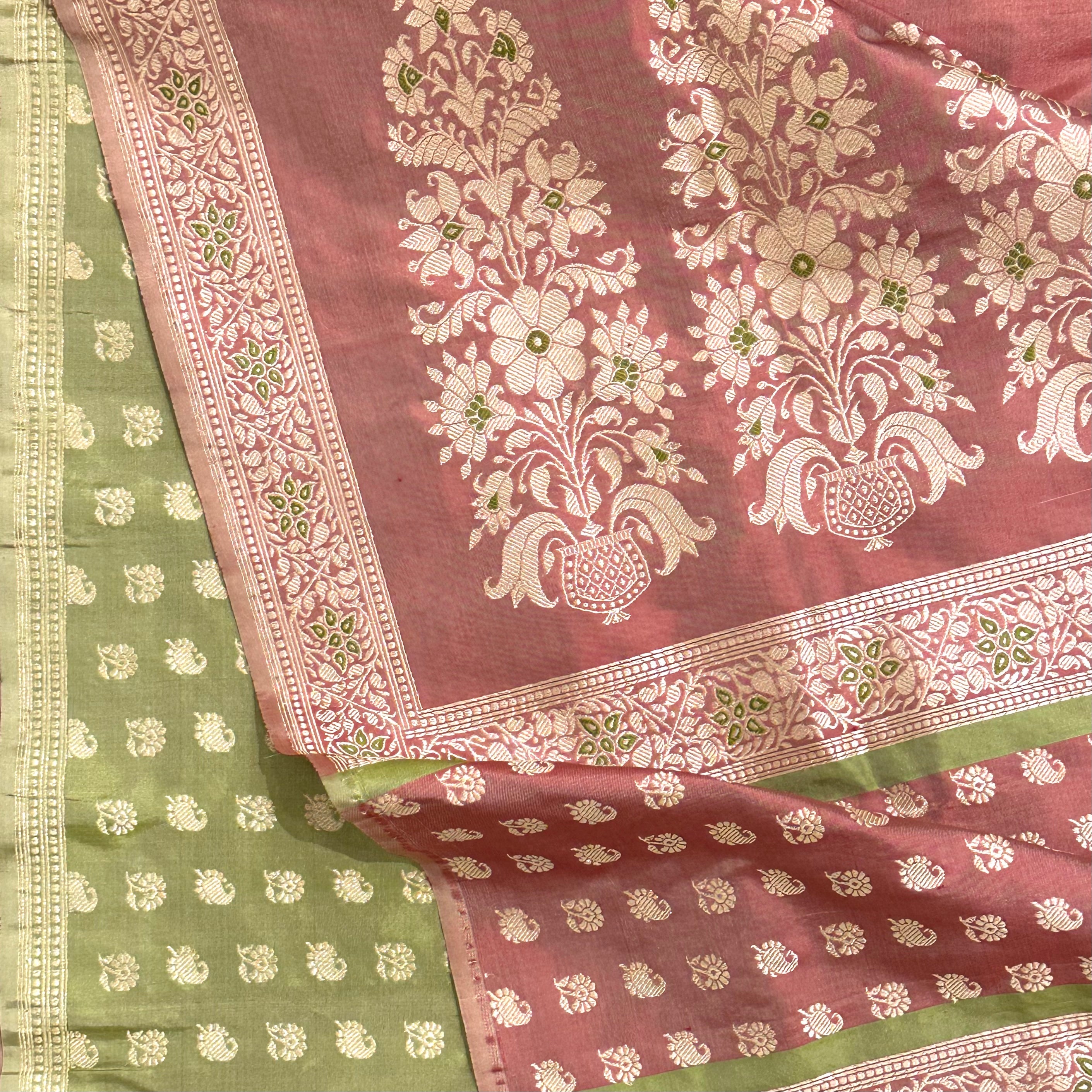 Red and Tea Dyed and Green Baluchari with Tree of Life