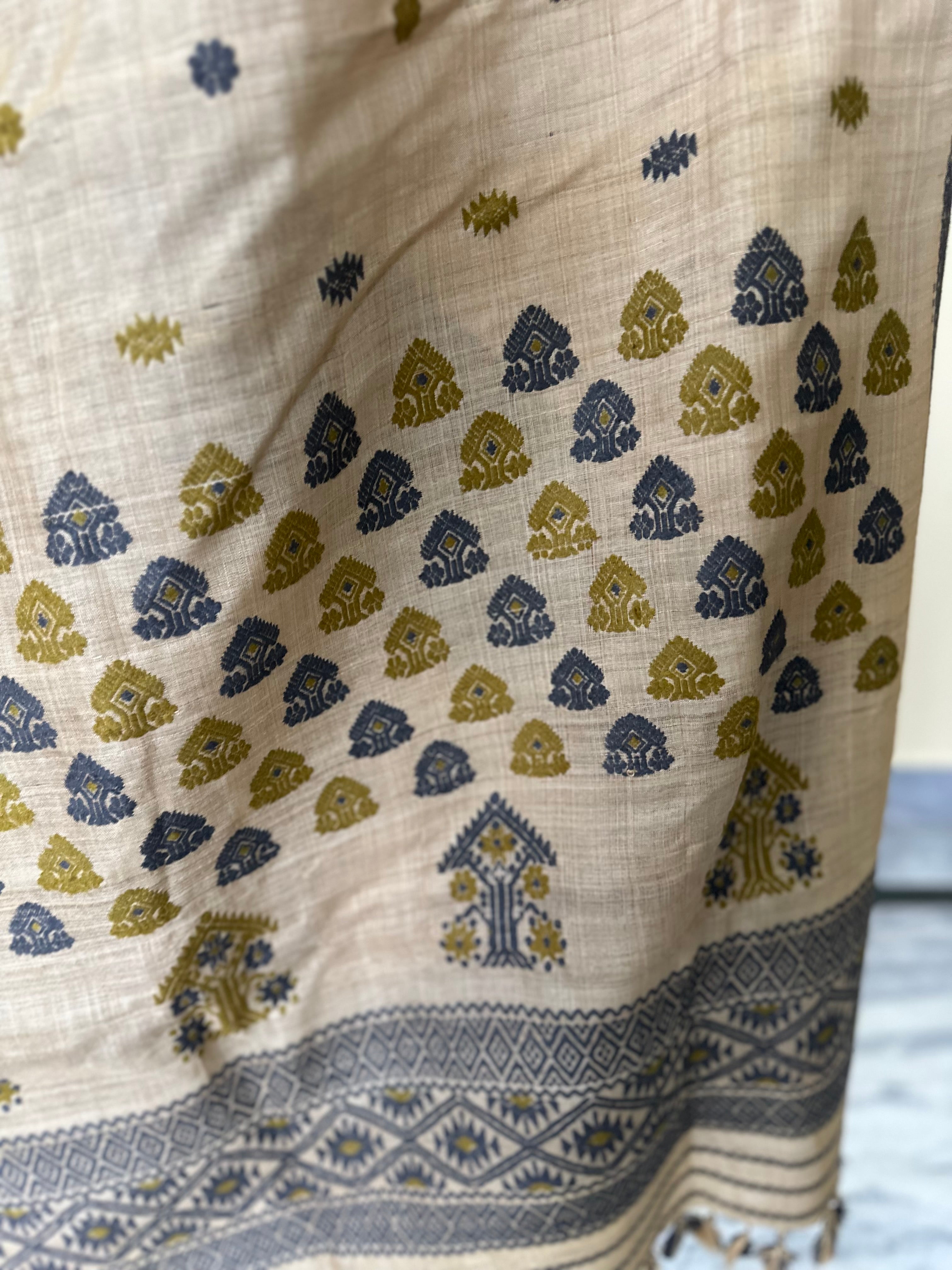 Heirloom Pure Assam Muga Saree with Natural Dyed Eri Extra Weft in Indigo and Mehendi