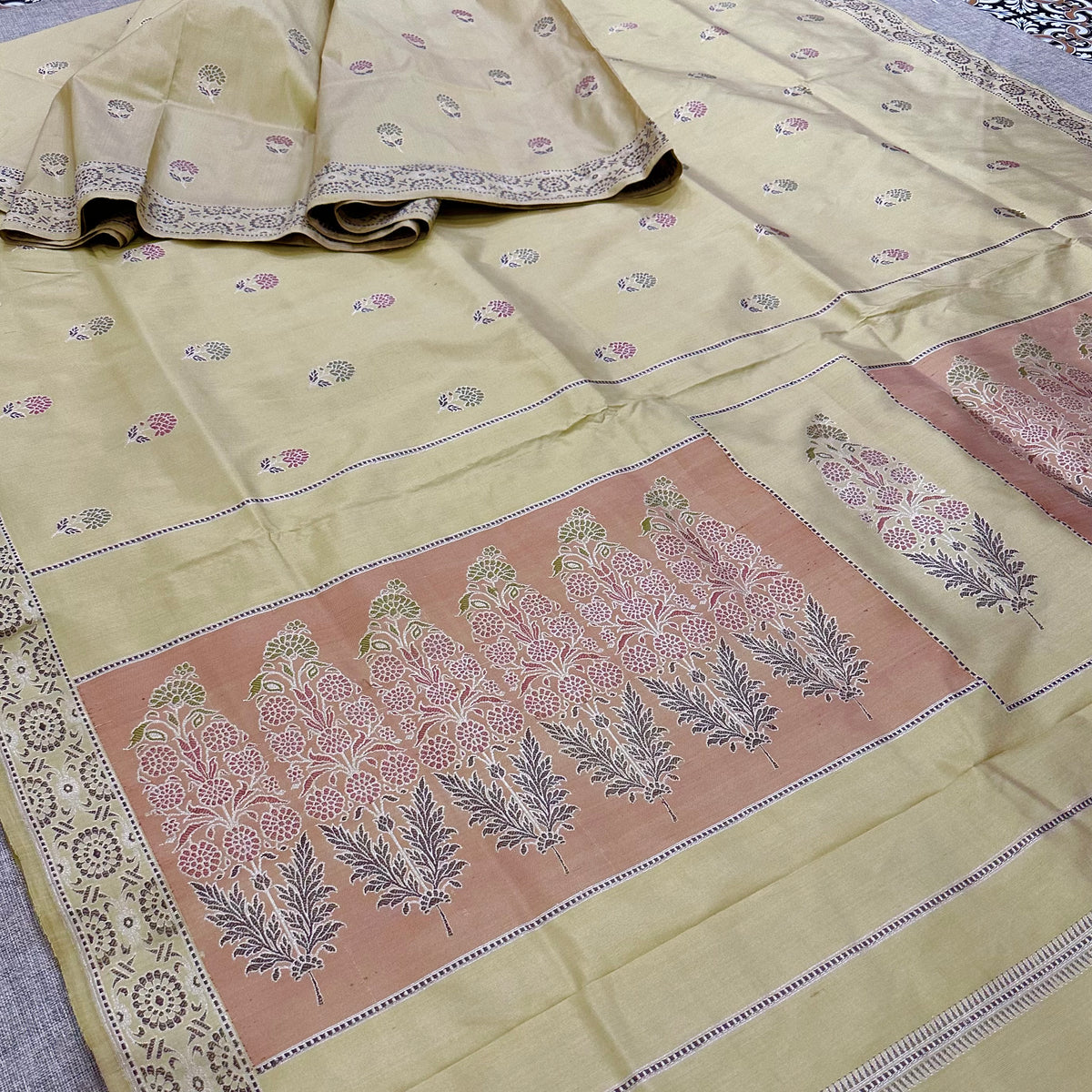 Butter Yellow Floral Baluchari Saree