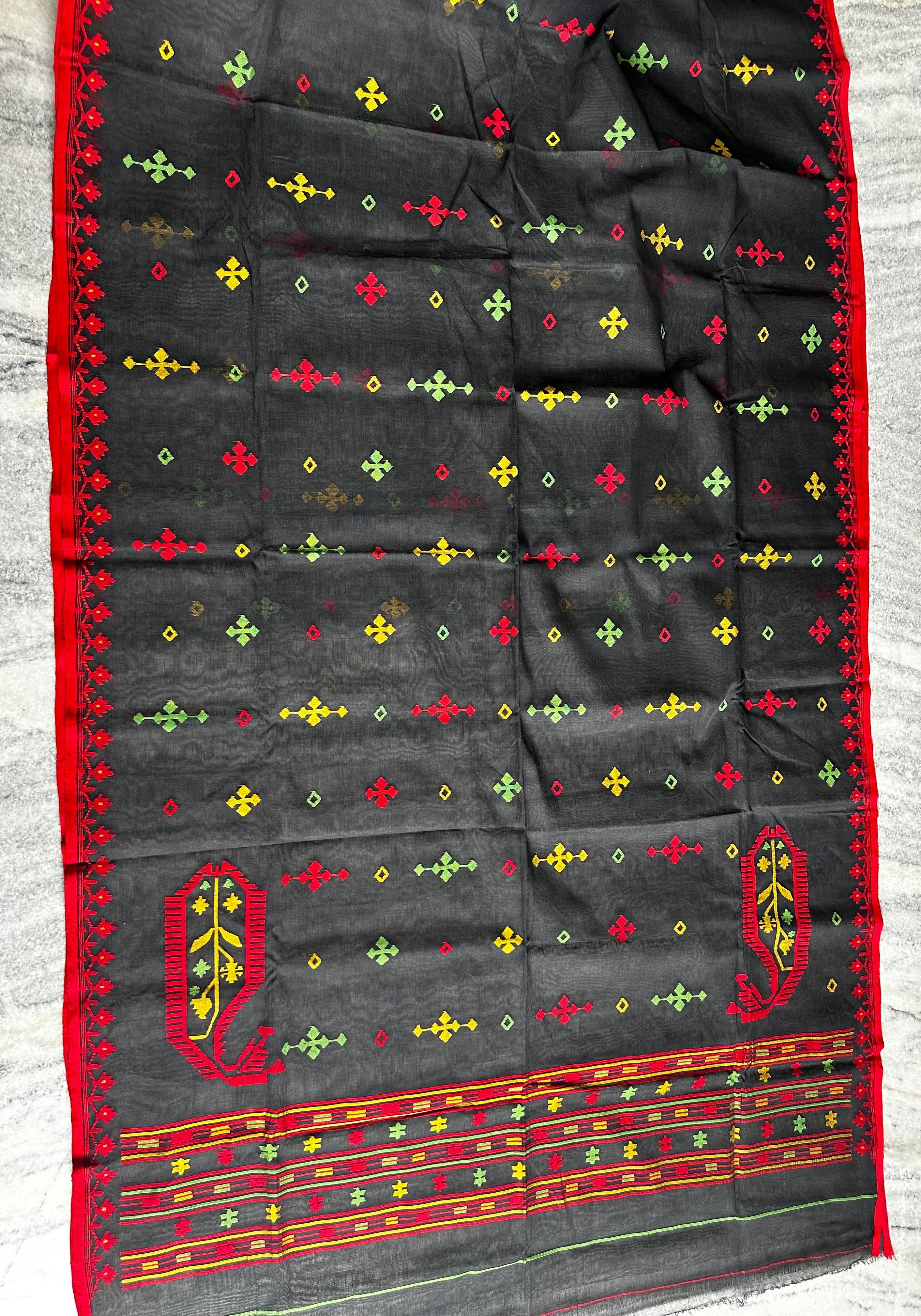 Black with Red and Green Dhakai Jamdani