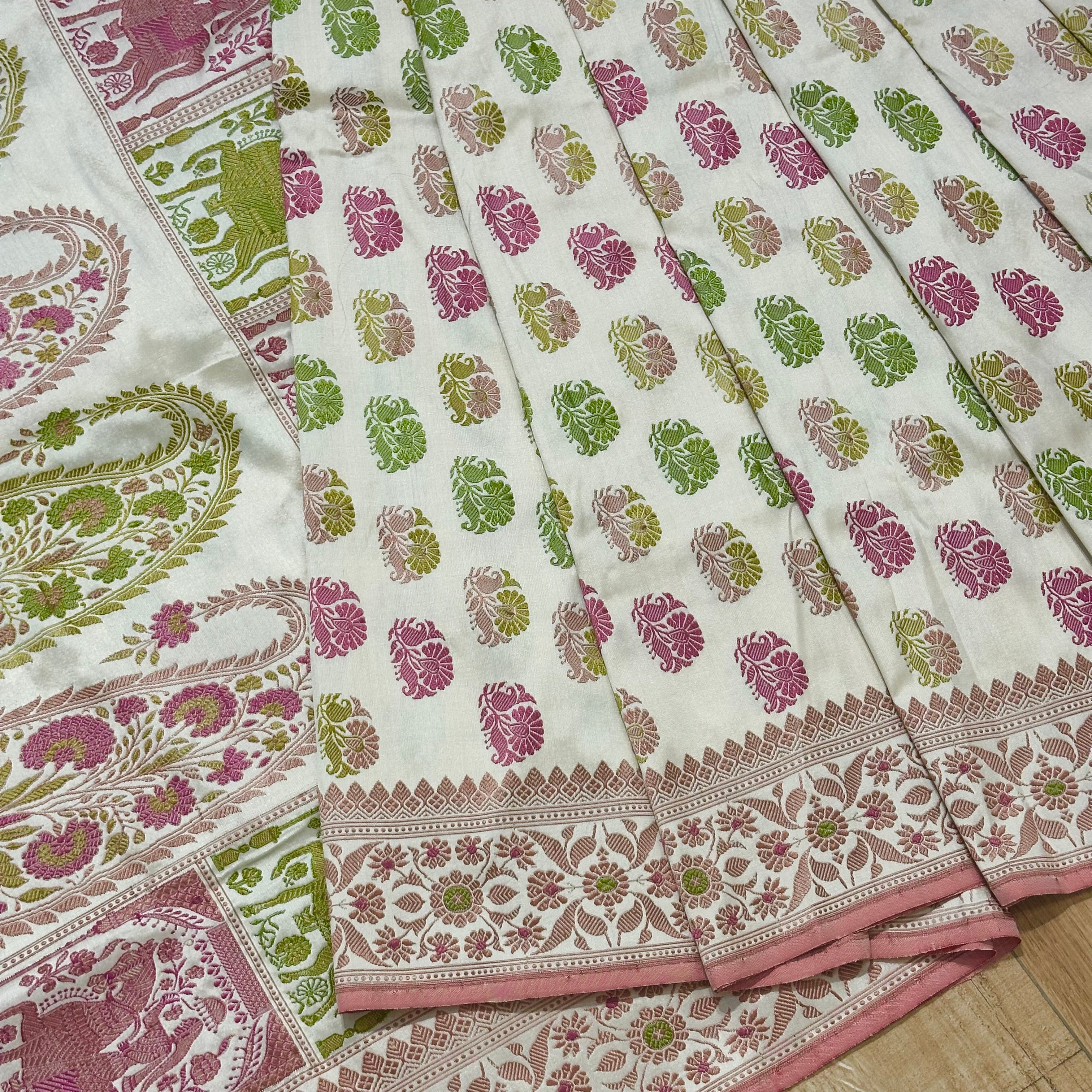 White Revival Baluchari with Big Butis