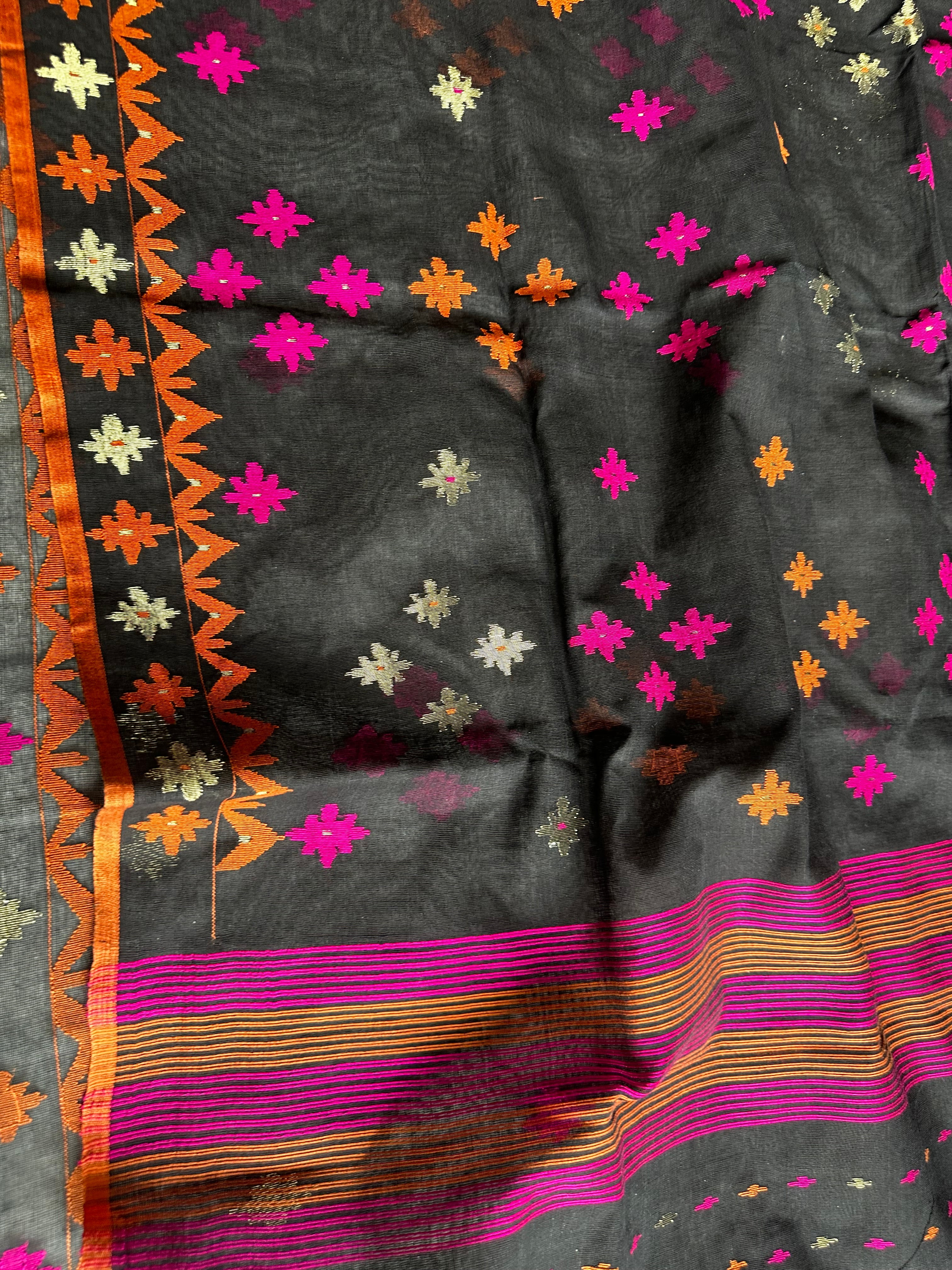 Black with Orange and Pink Dhakai Jamdani