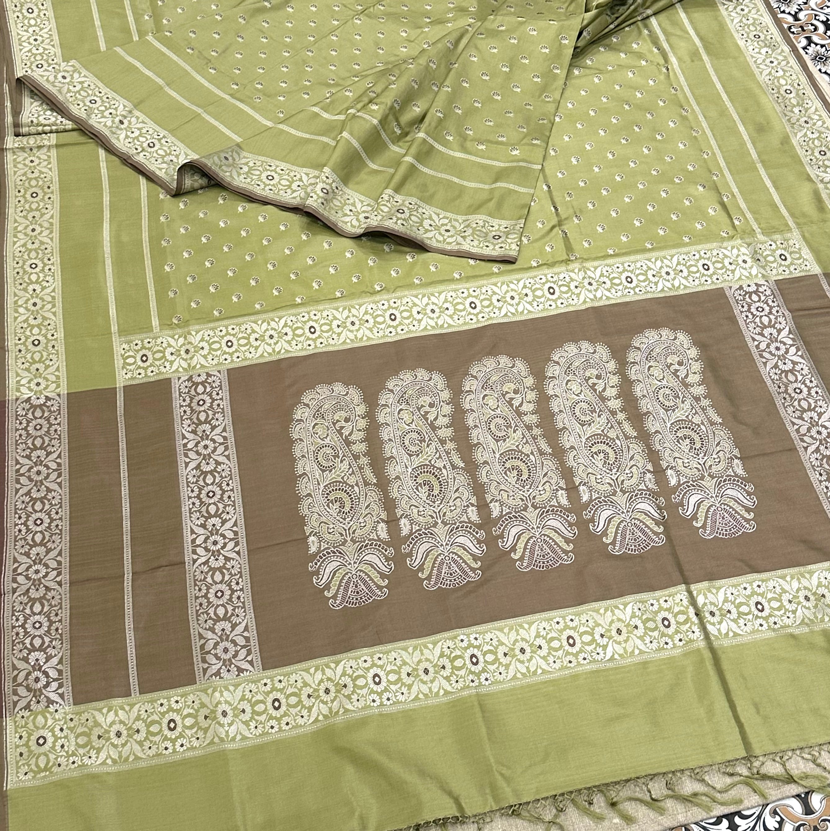 Sage Green Baluchari Saree with Paisleys in the Palla