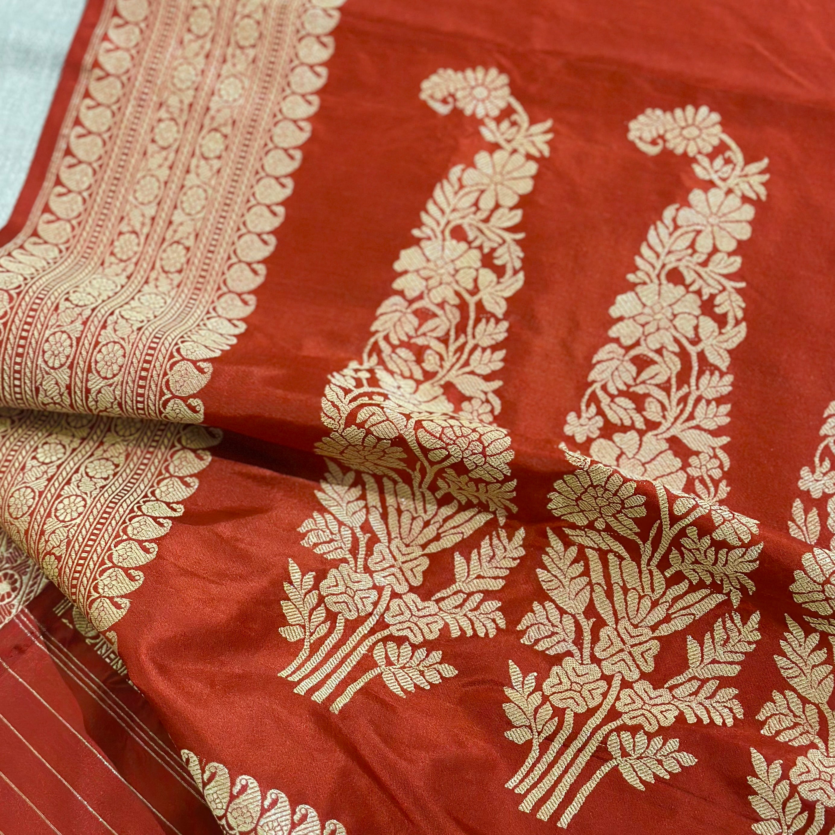 Orangish Red Paisley Khadwa Benarasi