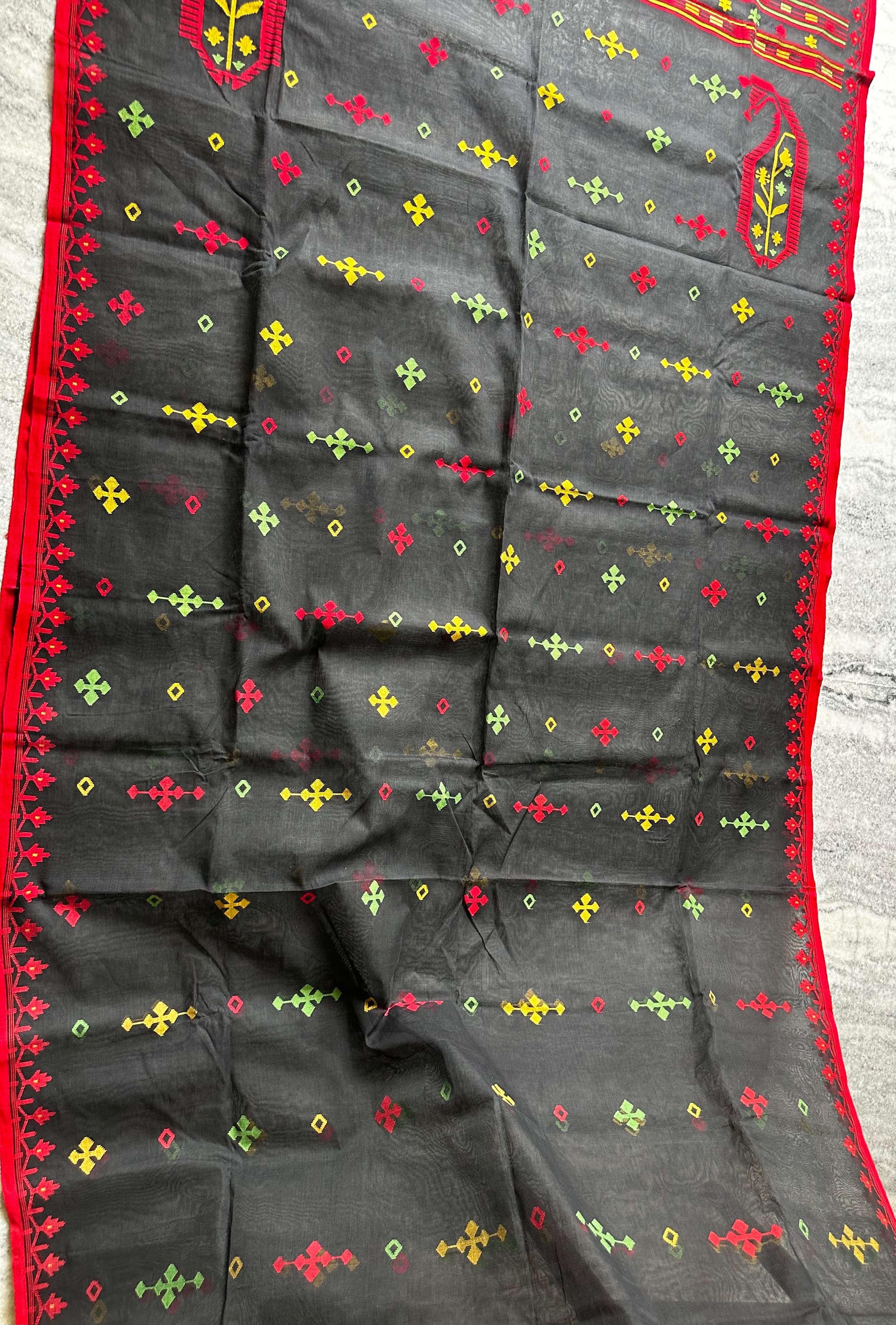 Black with Red and Green Dhakai Jamdani