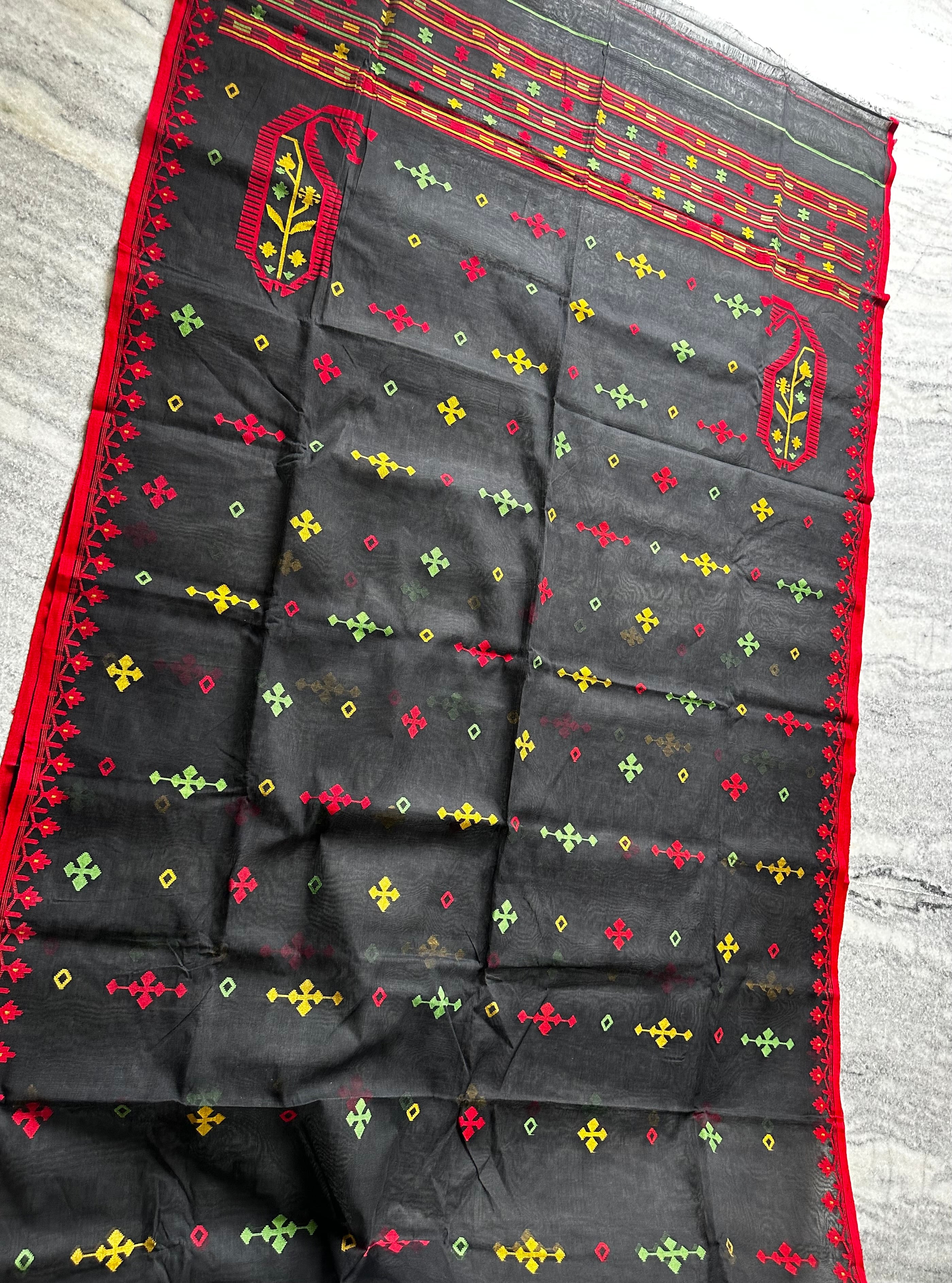 Black with Red and Green Dhakai Jamdani