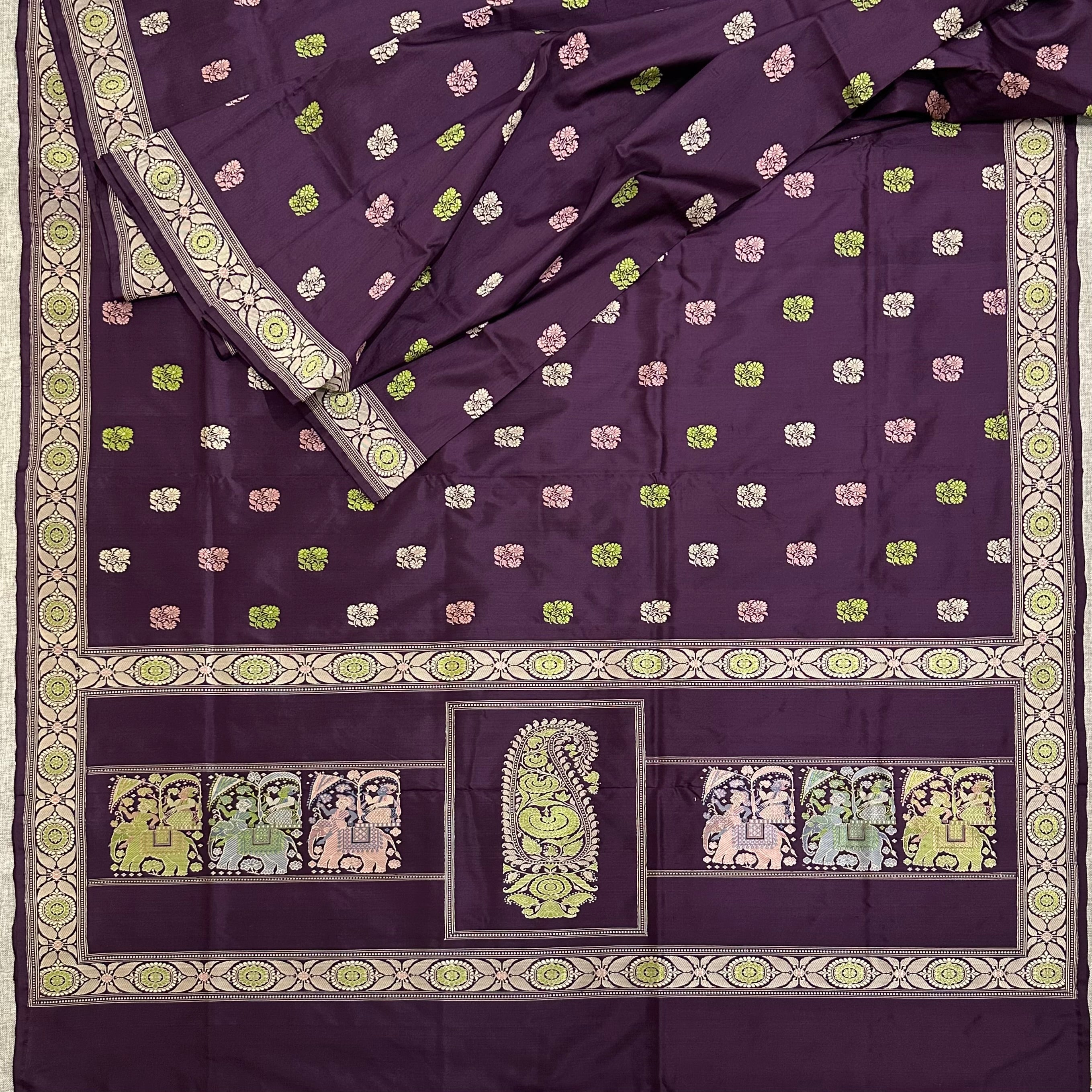 Purple Baluchari Saree with a Paisley and Elephants in the Palla