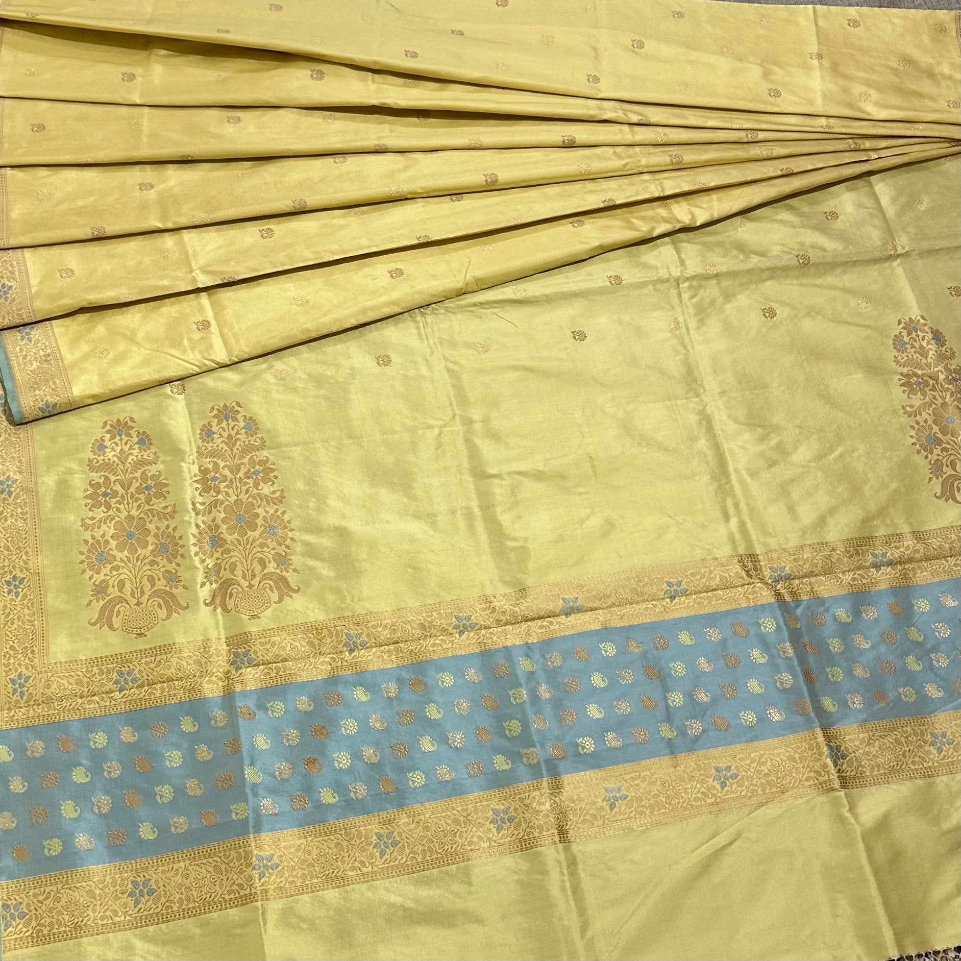 Yellow and Sky Blue Buti Baluchari with Tree of Life