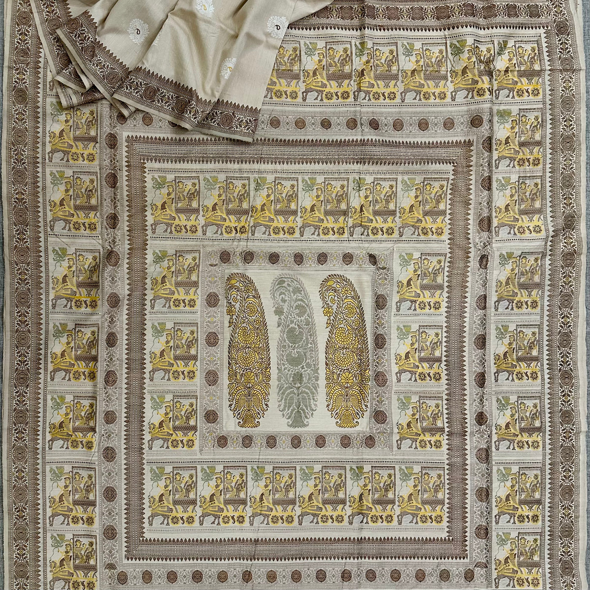 Beige Grand Palla Baluchari Saree with butis