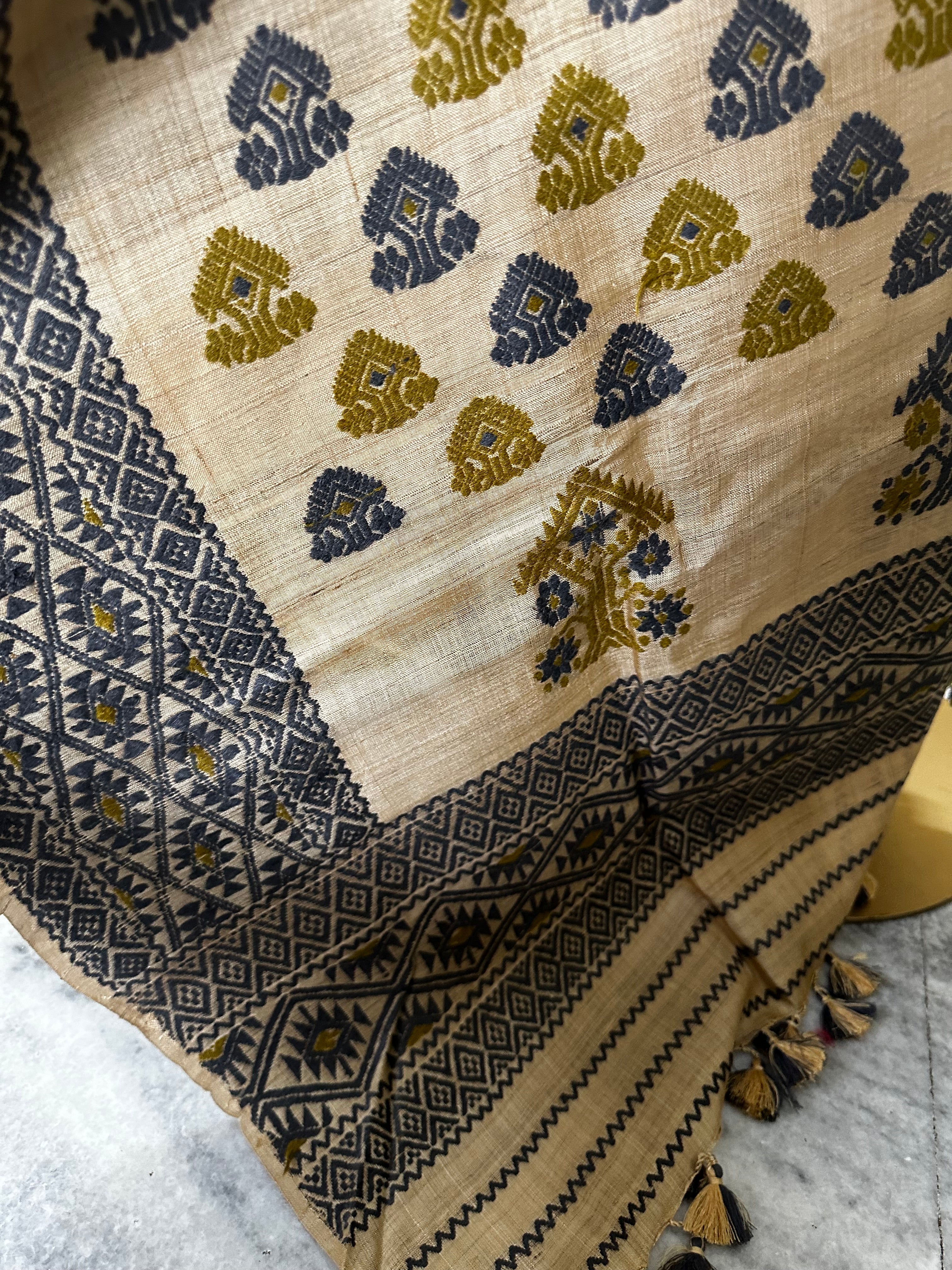 Heirloom Pure Assam Muga Saree with Natural Dyed Eri Extra Weft in Indigo and Mehendi