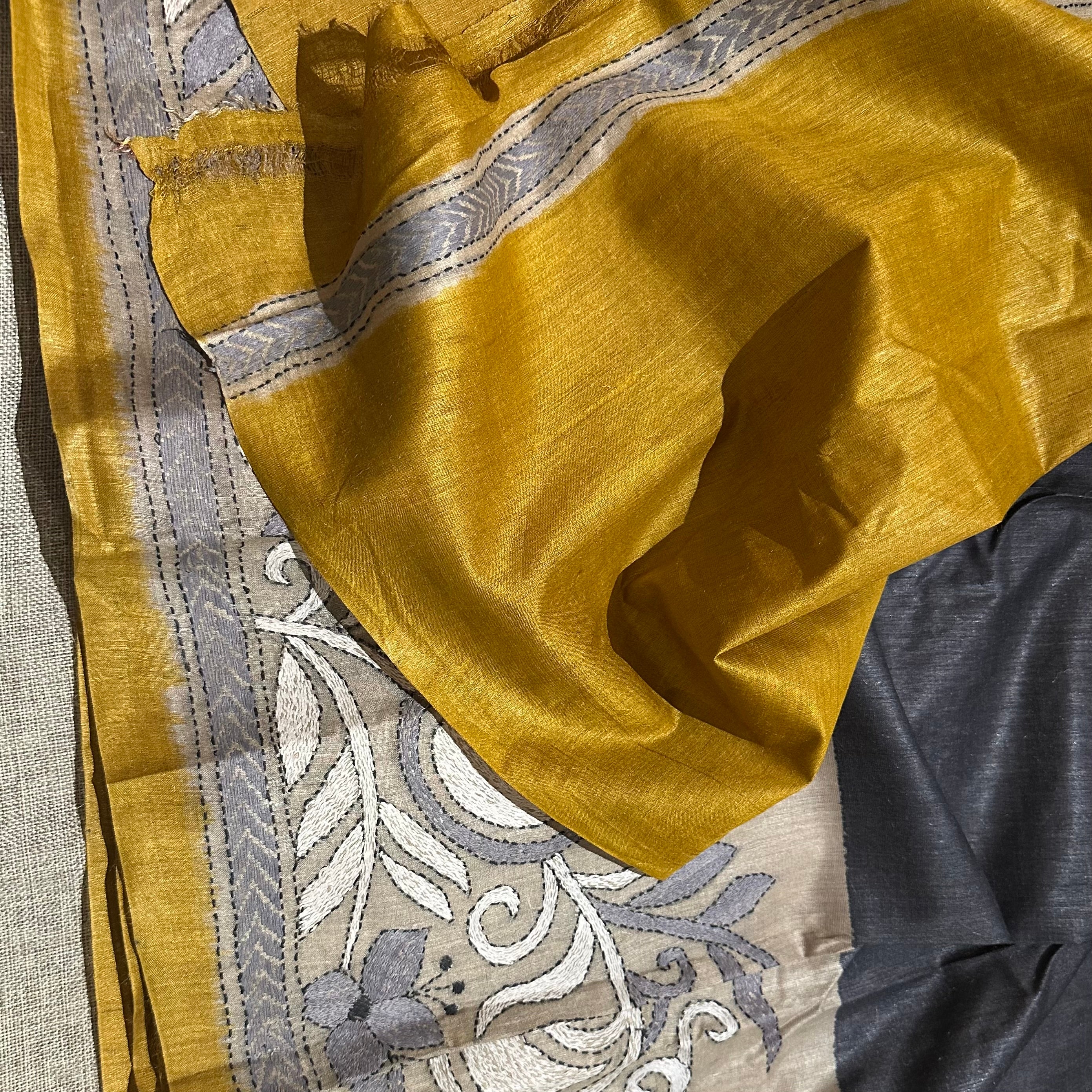 Yellow grey Natural Dyed Handwoven Tussar with Kantha