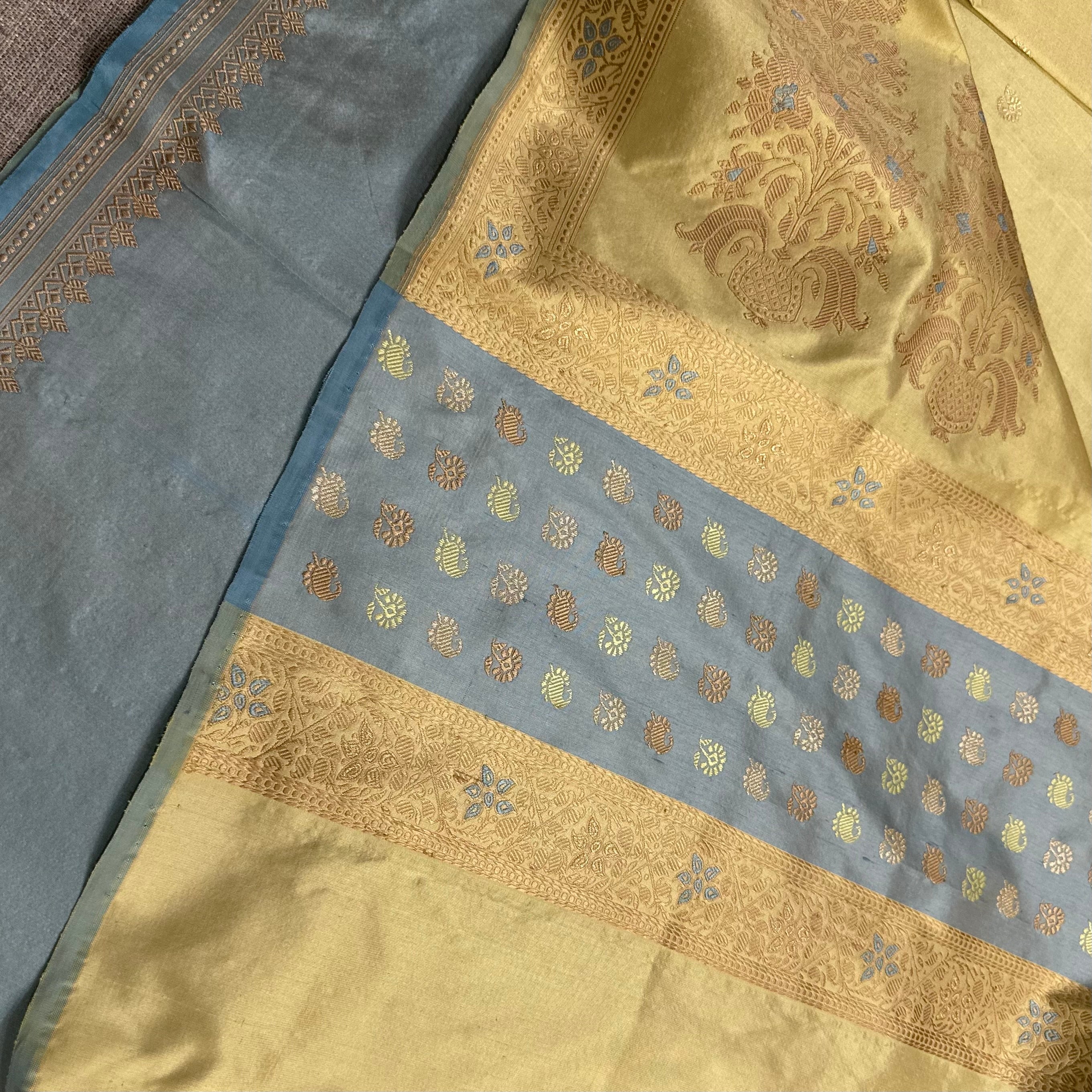 Yellow and Sky Blue Buti Baluchari with Tree of Life
